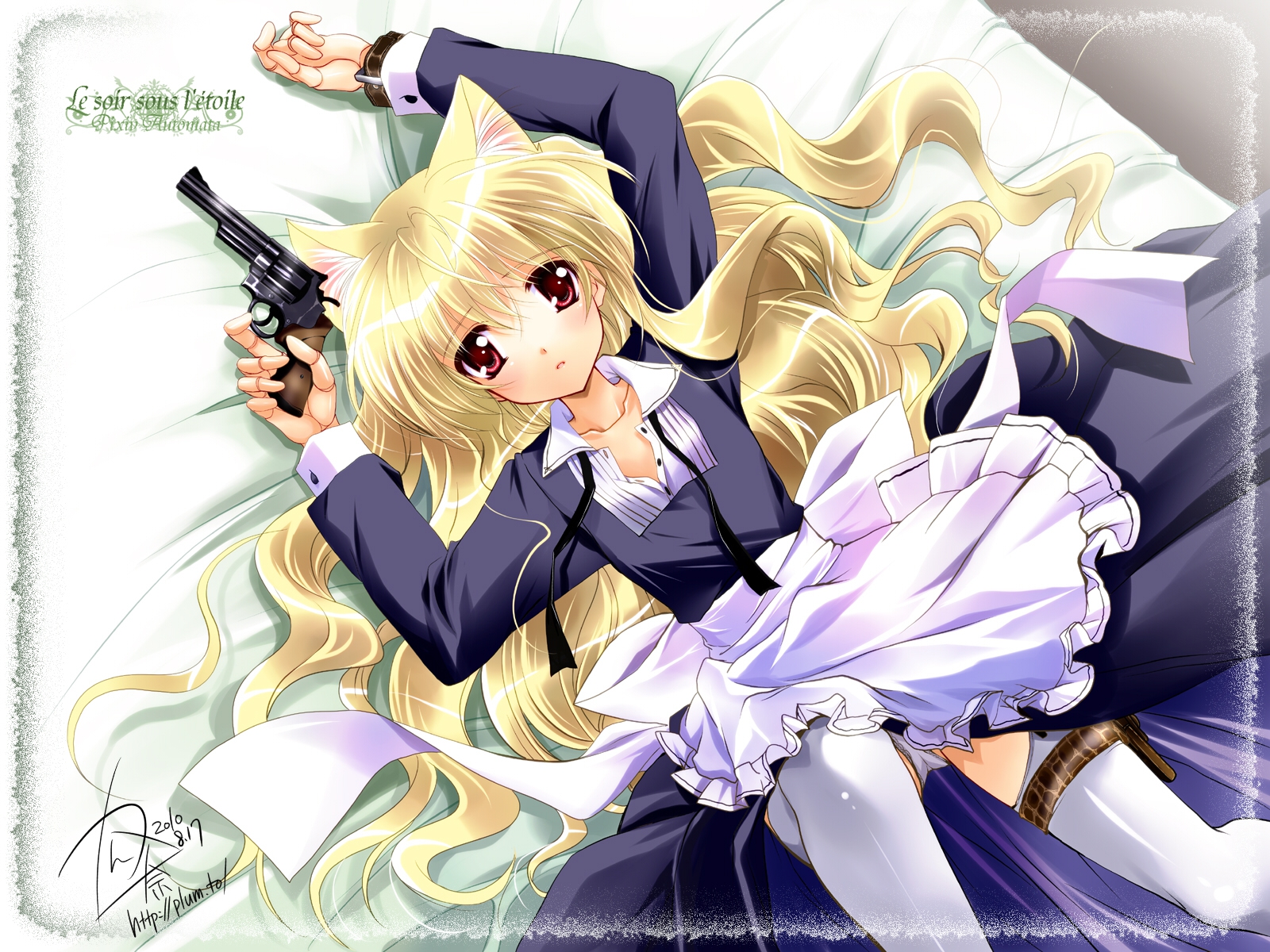 animal_ears, blonde_hair, doll, dress, gun, kanna_(pixiv), long_hair, maid, red_eyes, signed, thighhighs, weapon