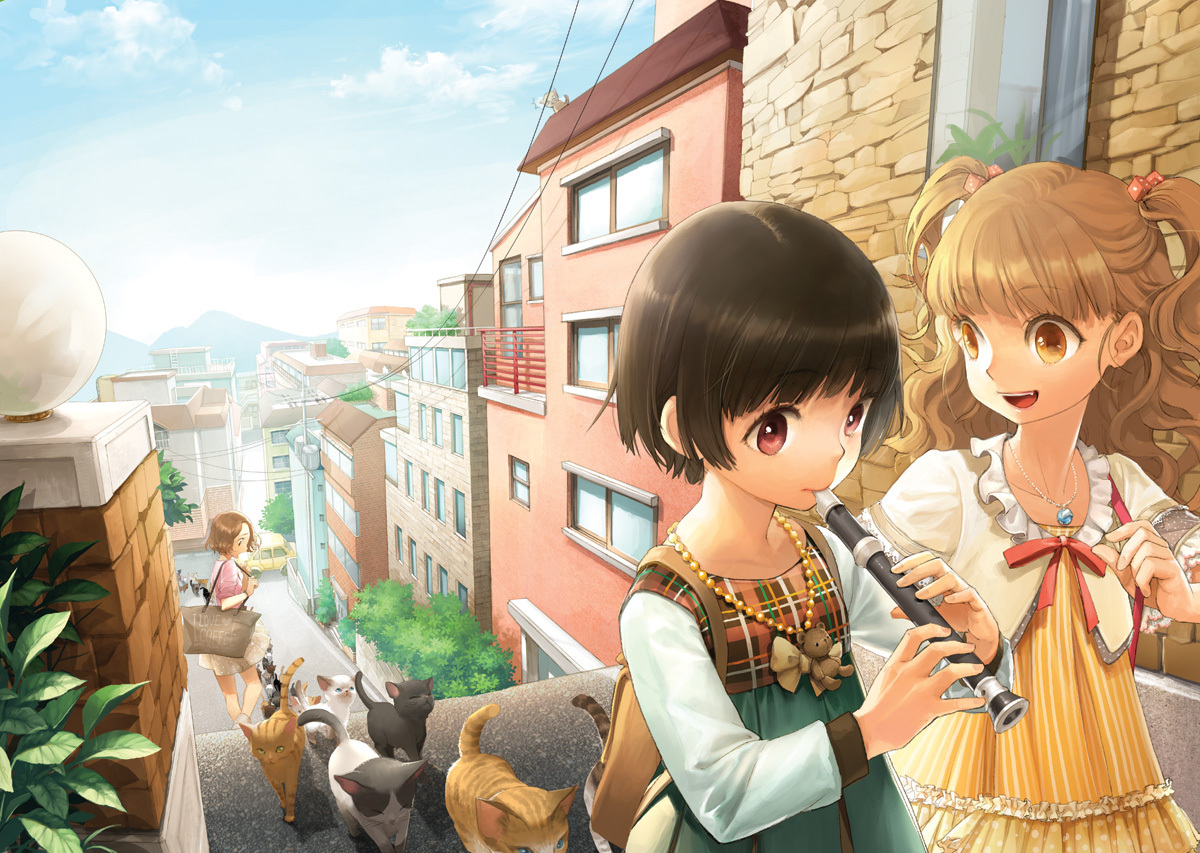 animal, brown_hair, cat, flute, instrument, necklace, original, salt_(salty)