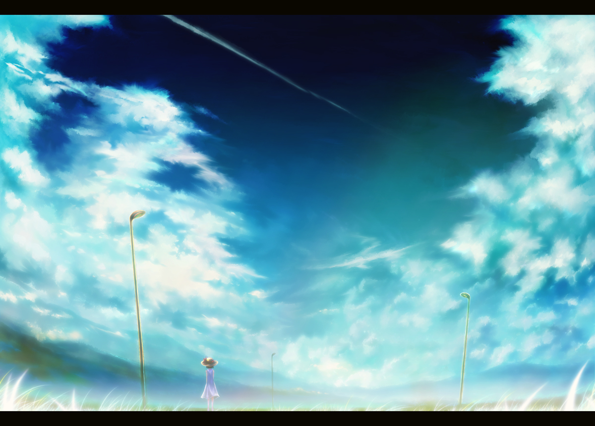 brown_hair, clouds, dress, grass, hat, ribbons, scenic, sky, ukihashi_kei