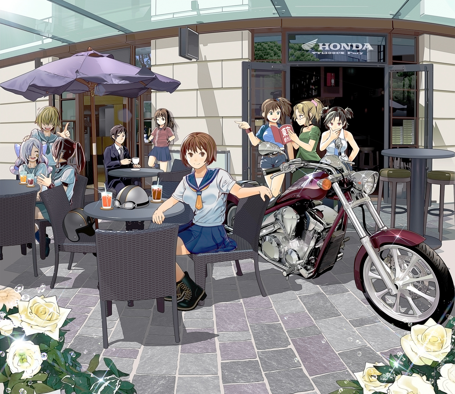 boots, brown_eyes, brown_hair, drink, echizenya_tawara_no_kai_norihiko, flowers, glasses, motorcycle, original, ponytail, rose, school_uniform, short_hair