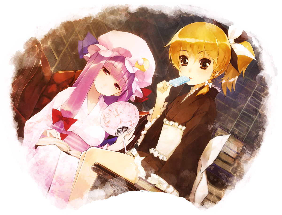 2girls, blonde_hair, braids, chinchickrin, fan, hat, japanese_clothes, kirisame_marisa
