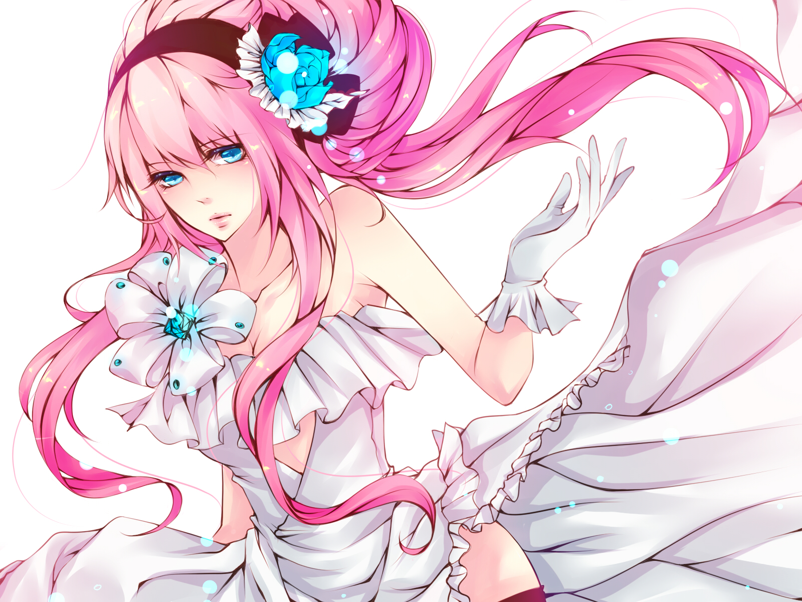 dress, flowers, gloves, megurine_luka, natsuki0910, petals, pink_hair, vocaloid