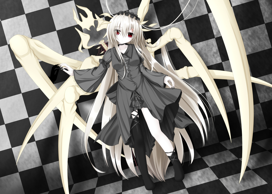 dress, goth-loli, gray_hair, lolita_fashion, long_hair, masiroke, original, red_eyes