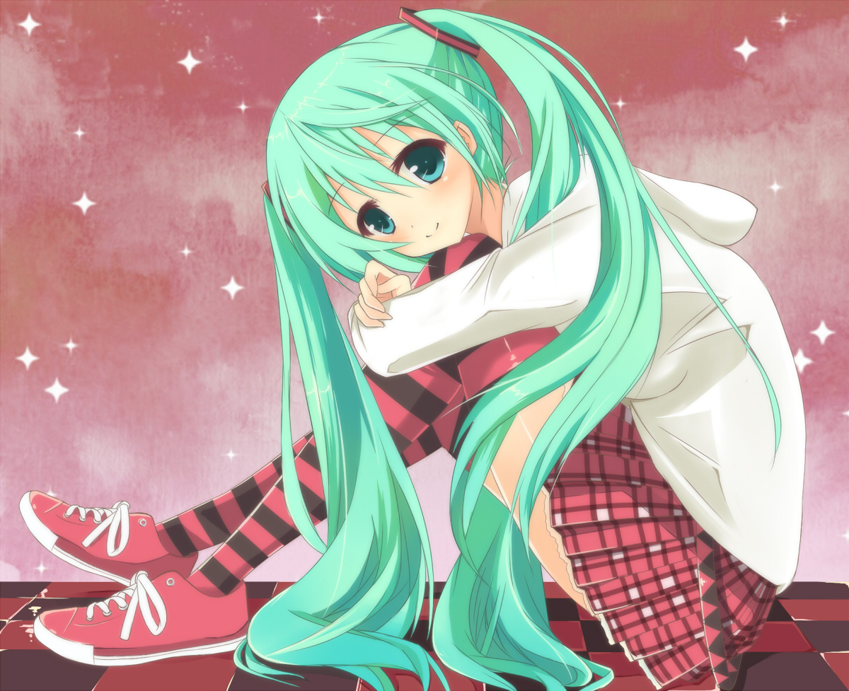 aqua_hair, hatsune_miku, minase_kaya, pink, skirt, thighhighs, twintails, vocaloid