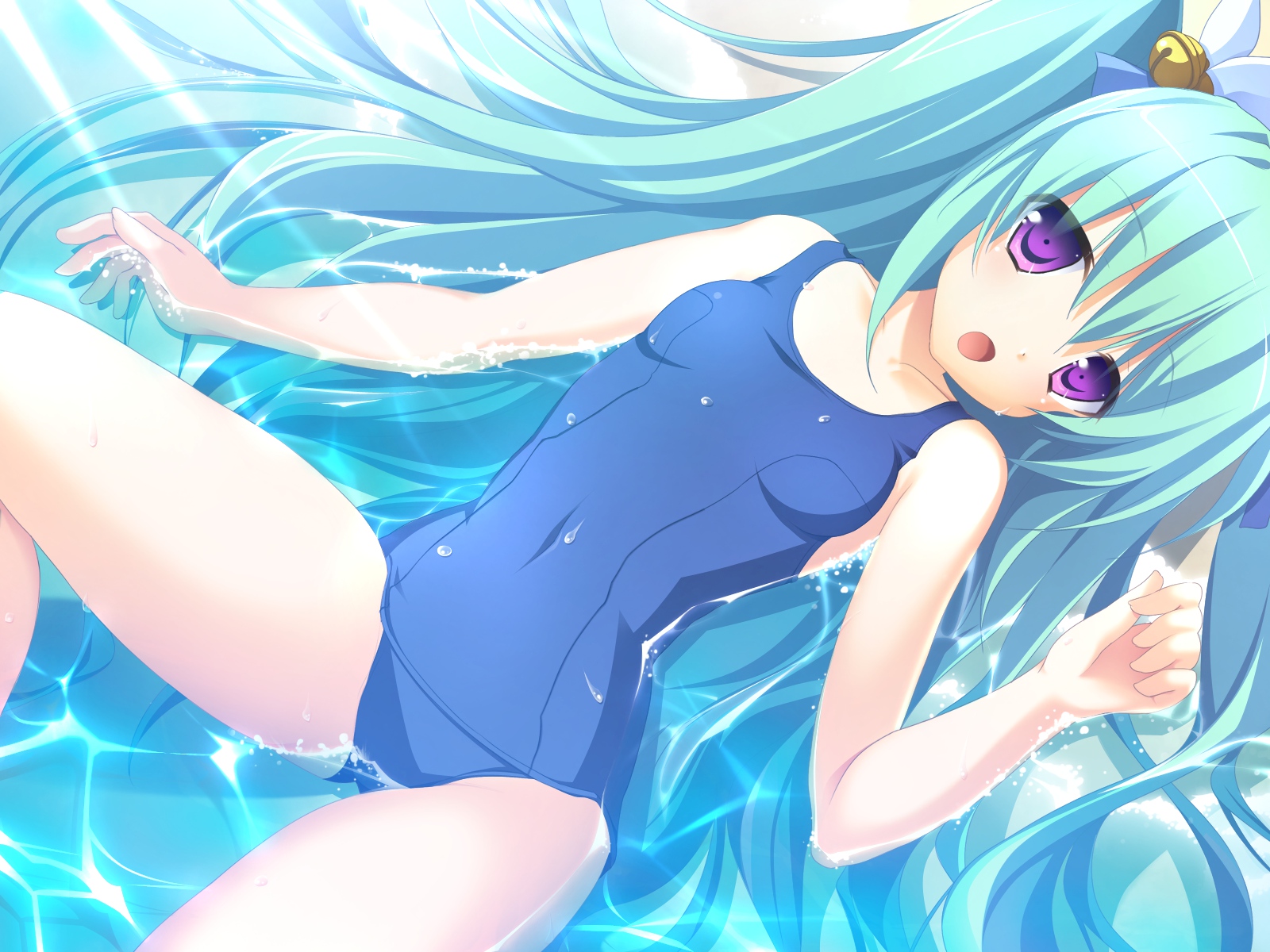 alcot, blue_hair, ezekiel, game_cg, osananajimi_wa_daitouryou, purple_eyes, school_swimsuit, swimsuit, water