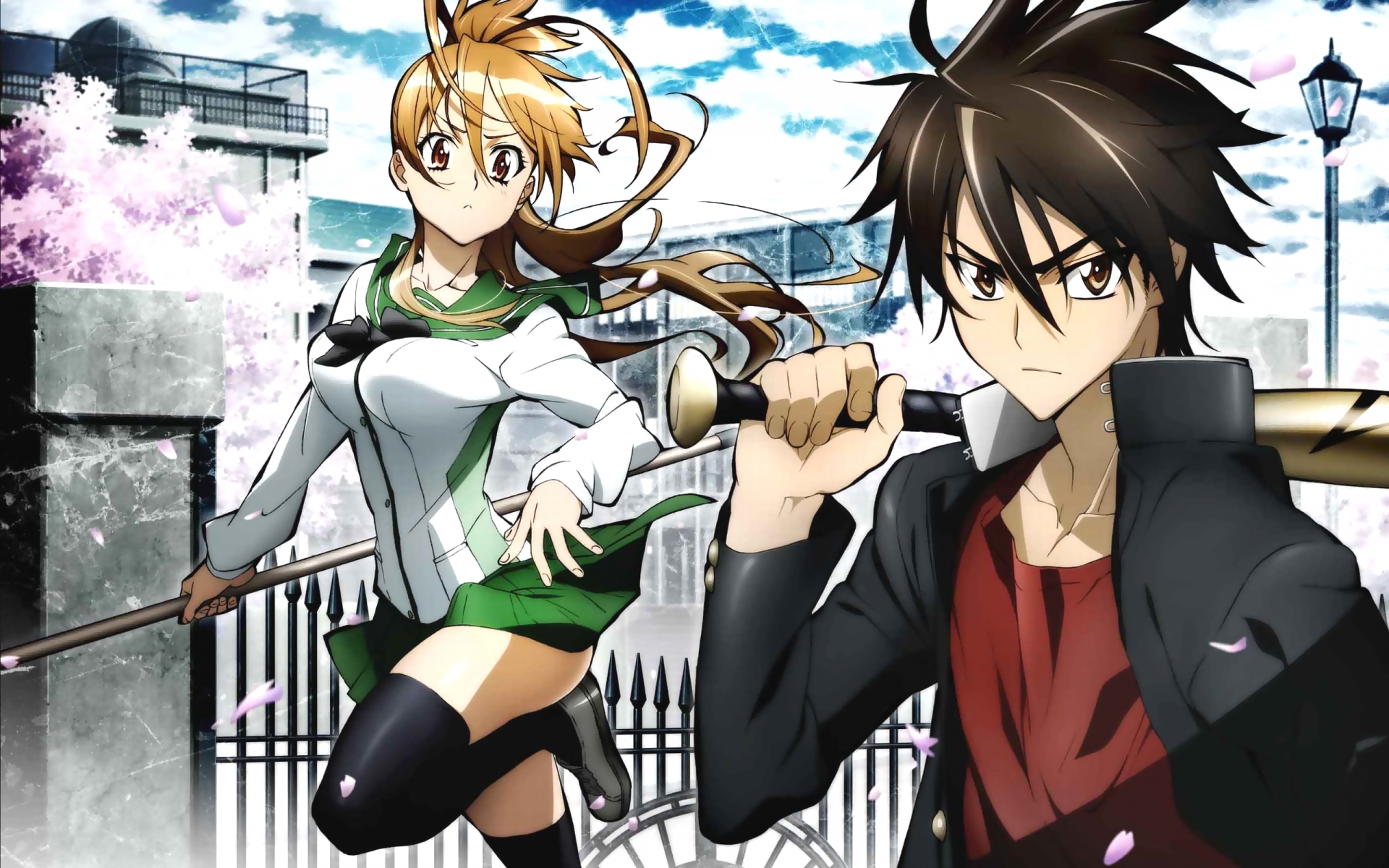 highschool_of_the_dead, komuro_takashi, miyamoto_rei, petals, school_uniform, thighhighs, weapon