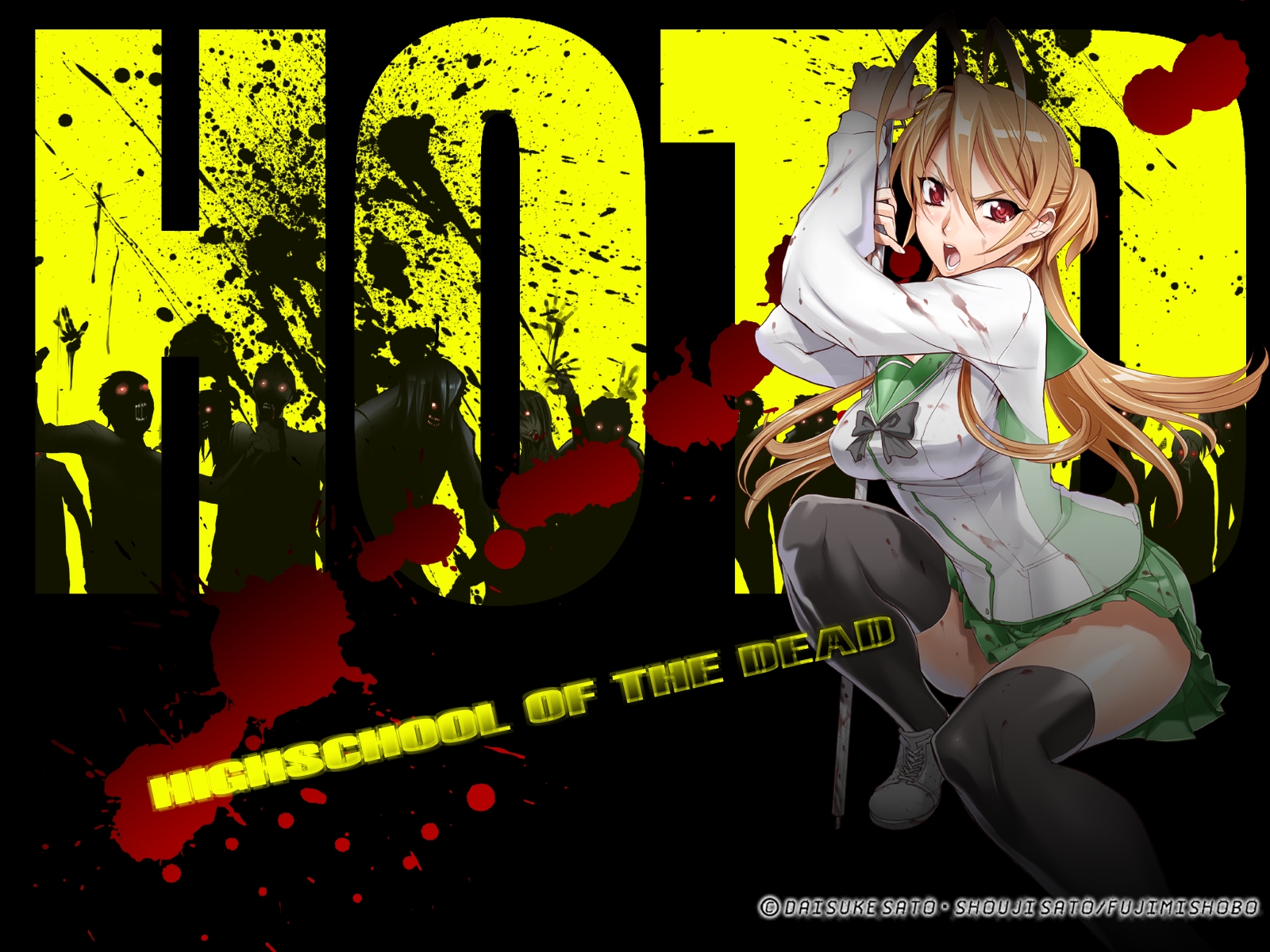 blood, highschool_of_the_dead, miyamoto_rei, red_eyes, school_uniform, thighhighs, weapon