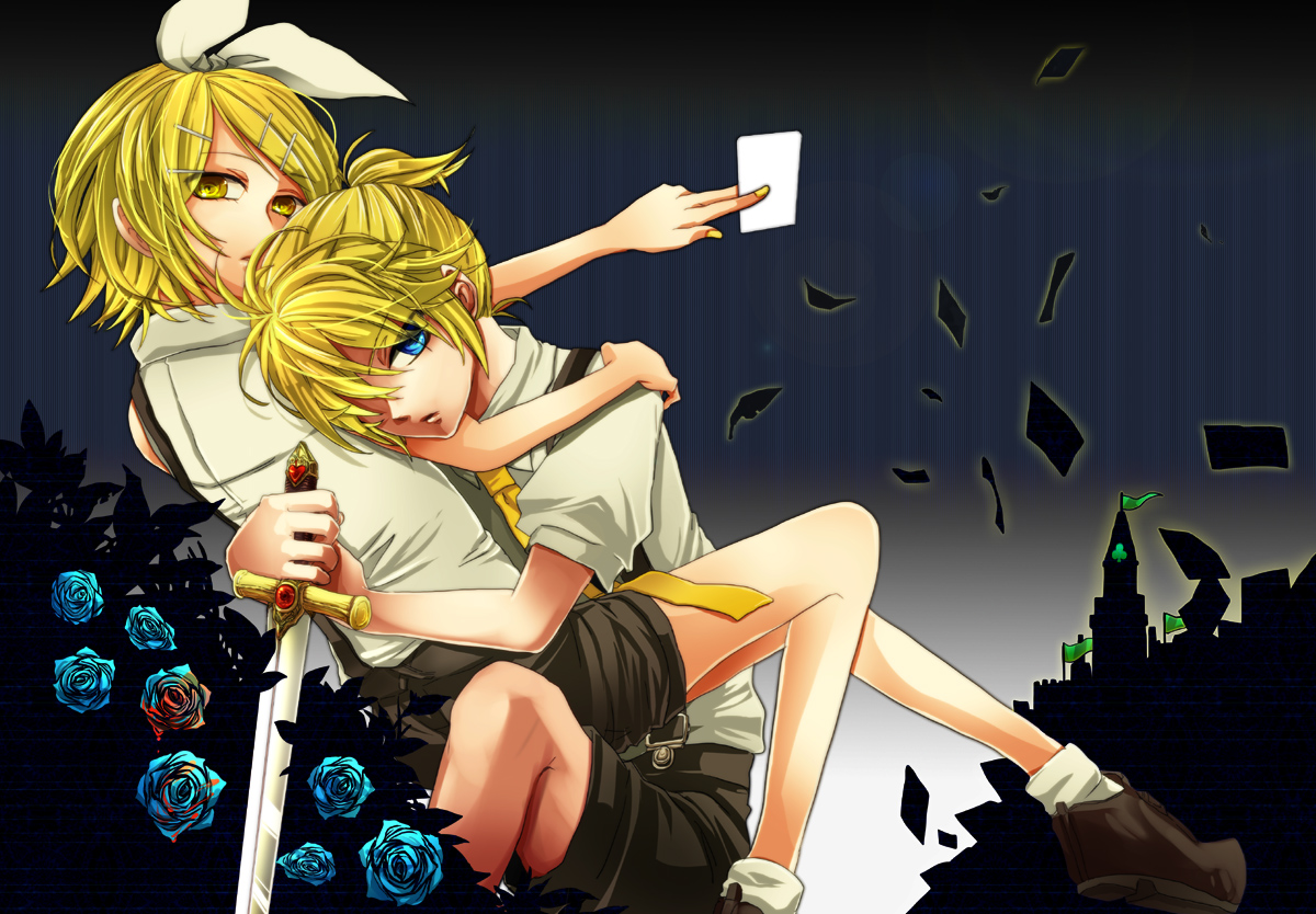 alice_human_sacrifice_(vocaloid), blonde_hair, blue_eyes, flowers, hug, kagamine_len, kagamine_rin, male