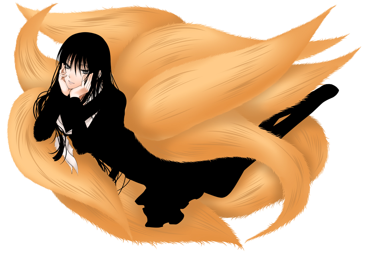 black_eyes, black_hair, foxgirl, hagoromo_kitsune, kanna_(pixiv), long_hair, multiple_tails, nurarihyon_no_mago