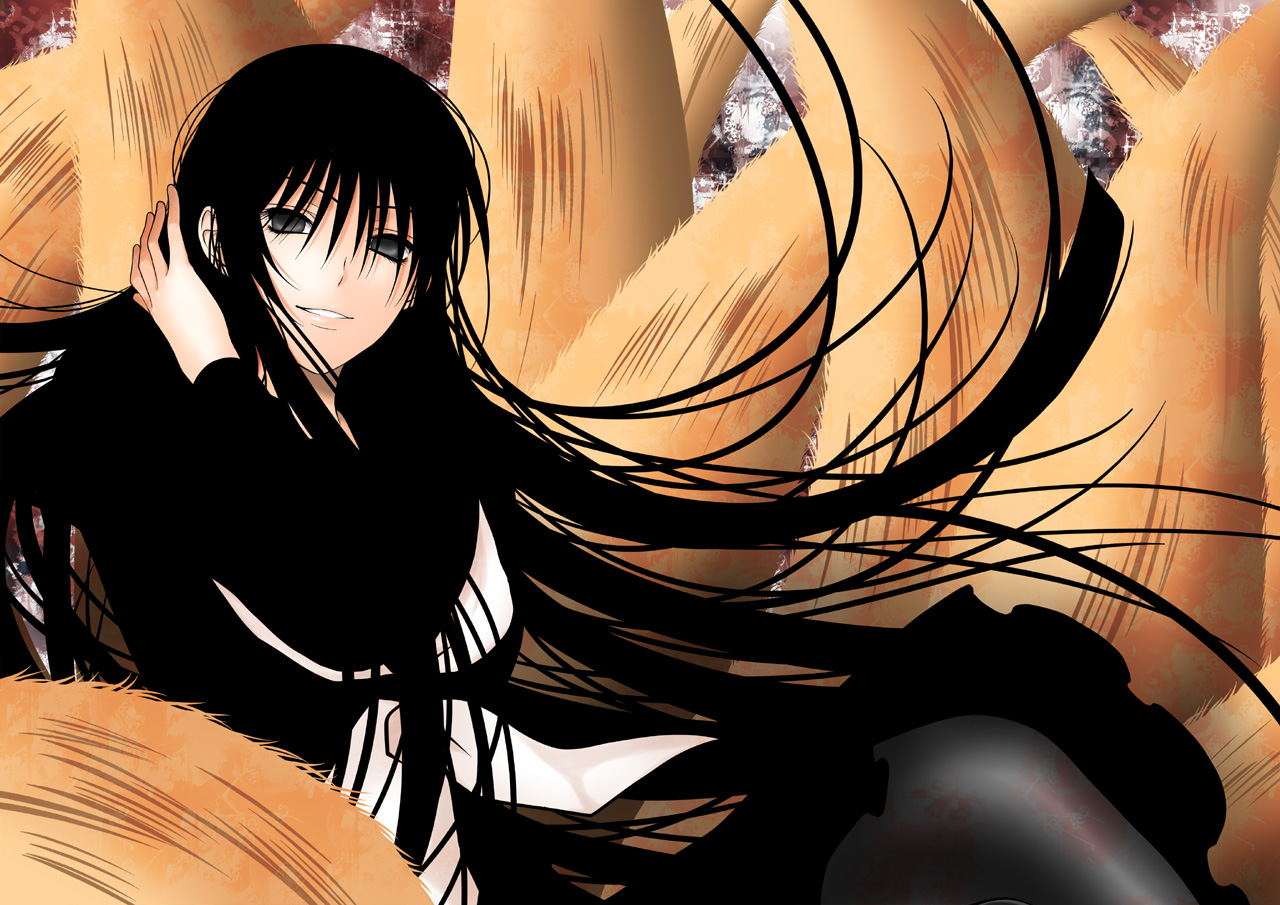 black_eyes, black_hair, foxgirl, hagoromo_kitsune, kanna_(pixiv), long_hair, multiple_tails, nurarihyon_no_mago