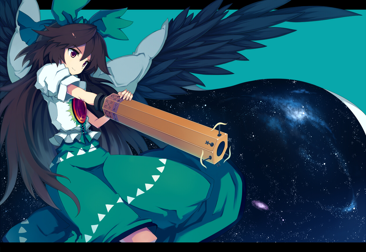 brown_hair, cape, long_hair, night, pera, reiuji_utsuho, ribbons, skirt