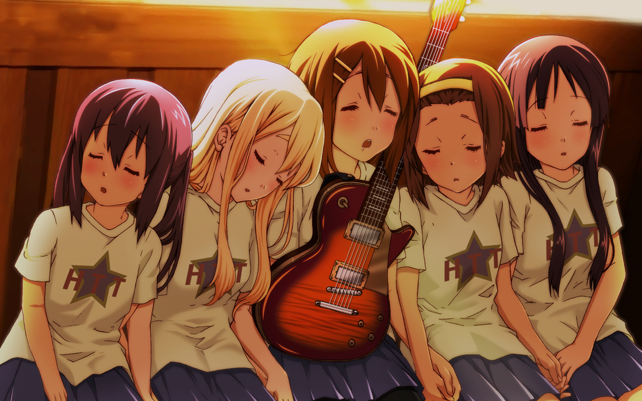 akiyama_mio, guitar, hirasawa_yui, instrument, k-on!, kotobuki_tsumugi, nakano_azusa, sleeping, tainaka_ritsu, yume_robo