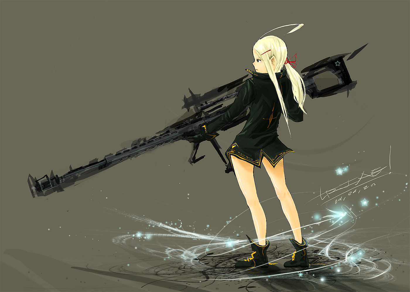 blonde_hair, boots, carv, gun, long_hair, original, weapon