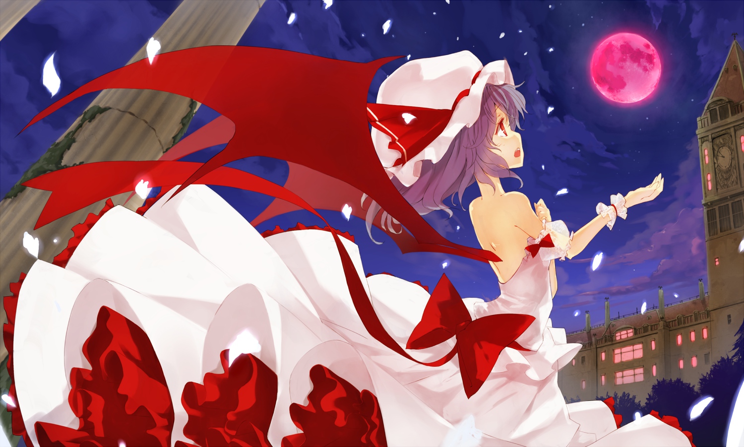 alongriver, clouds, dress, hat, moon, petals, remilia_scarlet, touhou