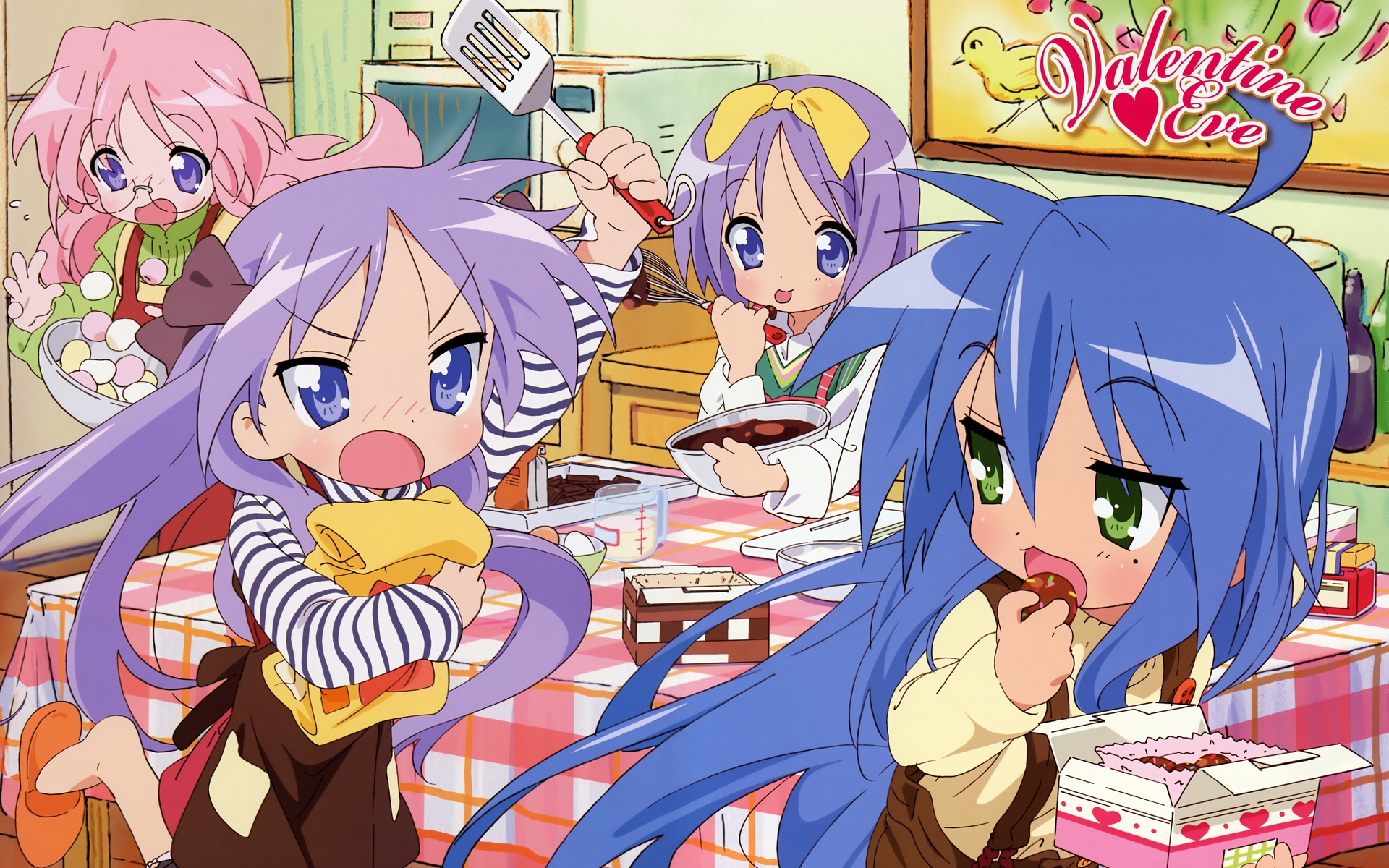 blue_hair, food, glasses, green_eyes, hiiragi_kagami, hiiragi_tsukasa, izumi_konata, lucky_star