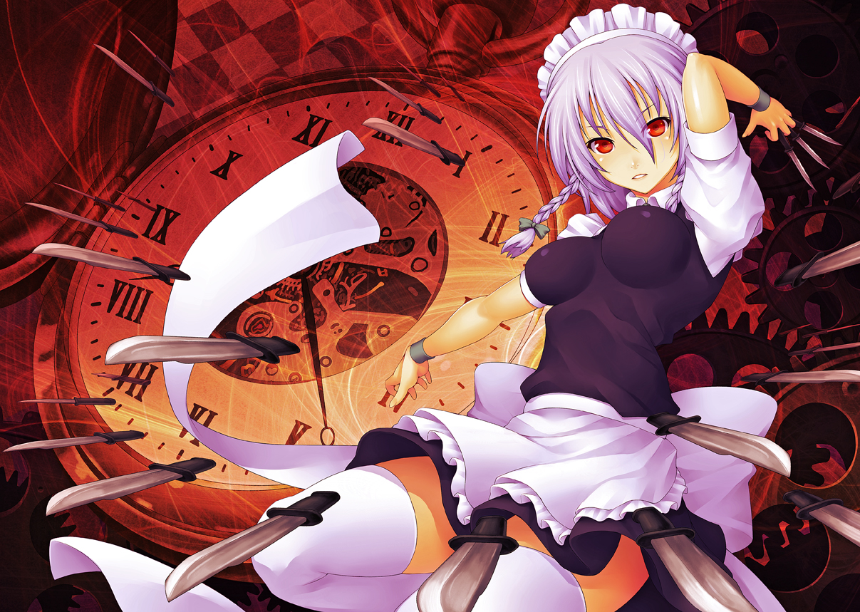 aka_(shoumae), braids, dress, izayoi_sakuya, maid, red_eyes, thighhighs, touhou, weapon