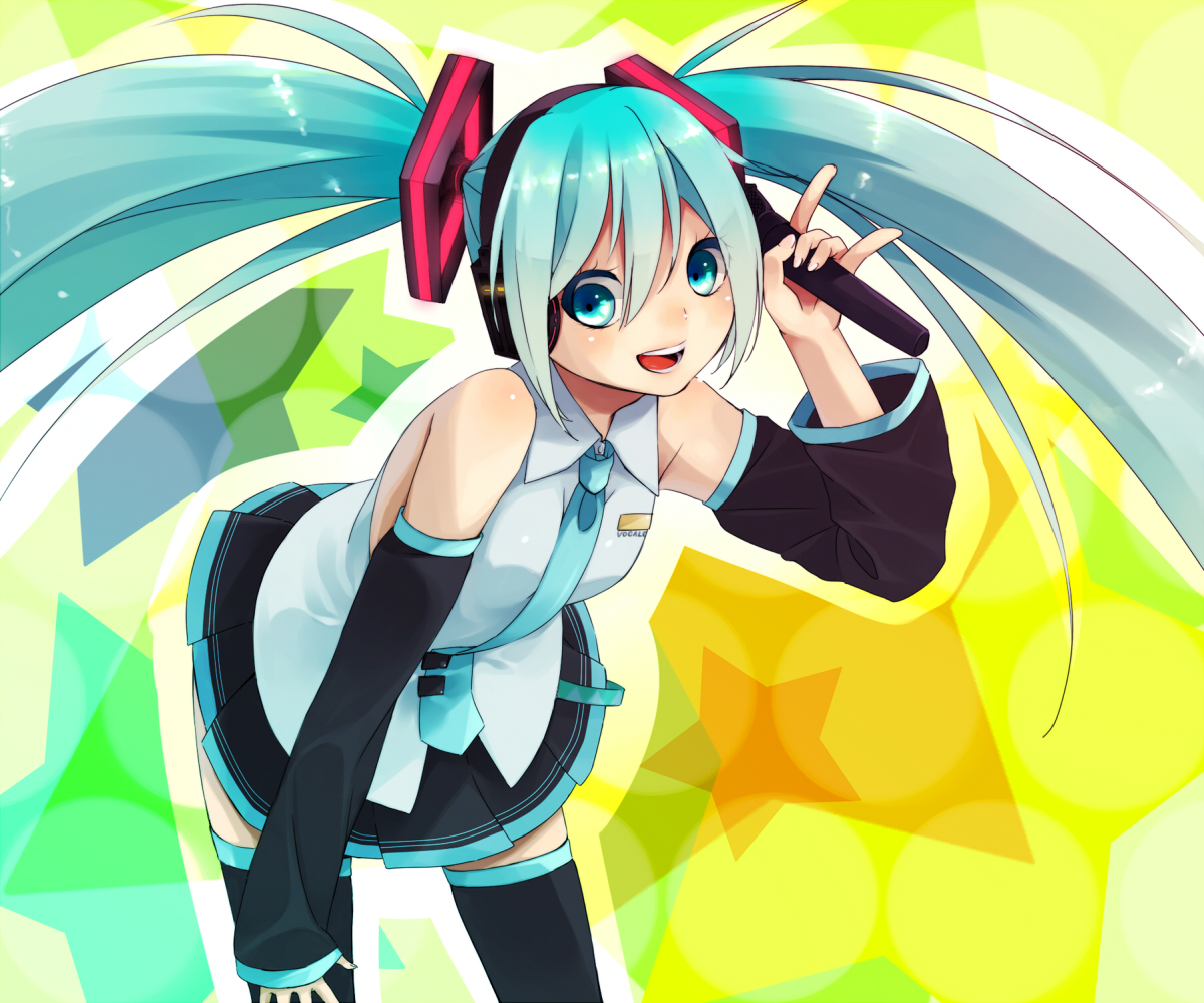 hatsune_miku, headphones, microphone, stars, thighhighs, tie, tsuburaya_35, twintails, vocaloid