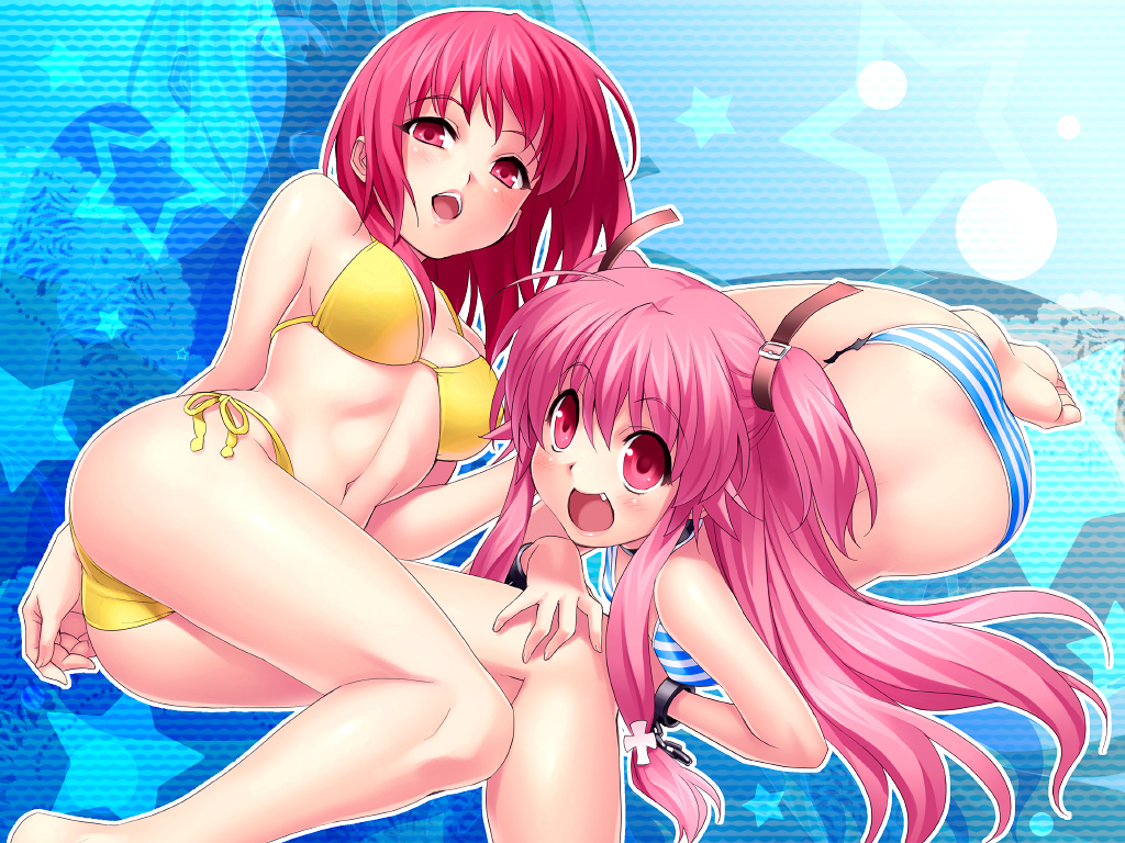 angel_beats!, bikini, blue, iwasawa_masami, pink_hair, red_hair, swimsuit, yui_(angel_beats!)