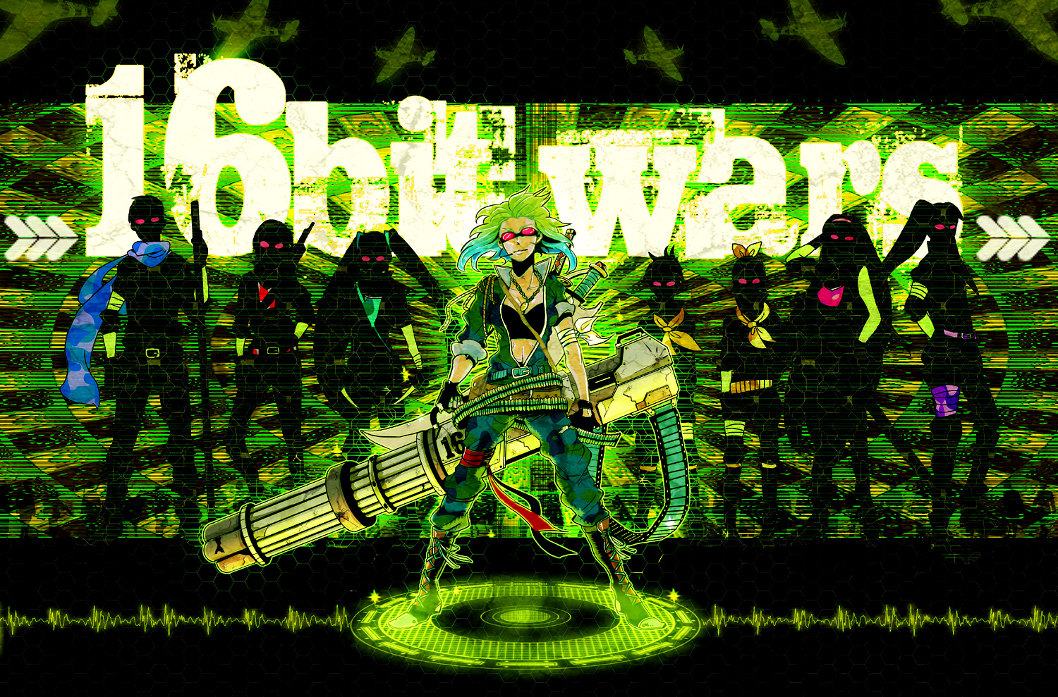 bokura_no_16bit_warz_(vocaloid), goggles, green, group, gumi, gun, hatsune_miku, kagamine_len