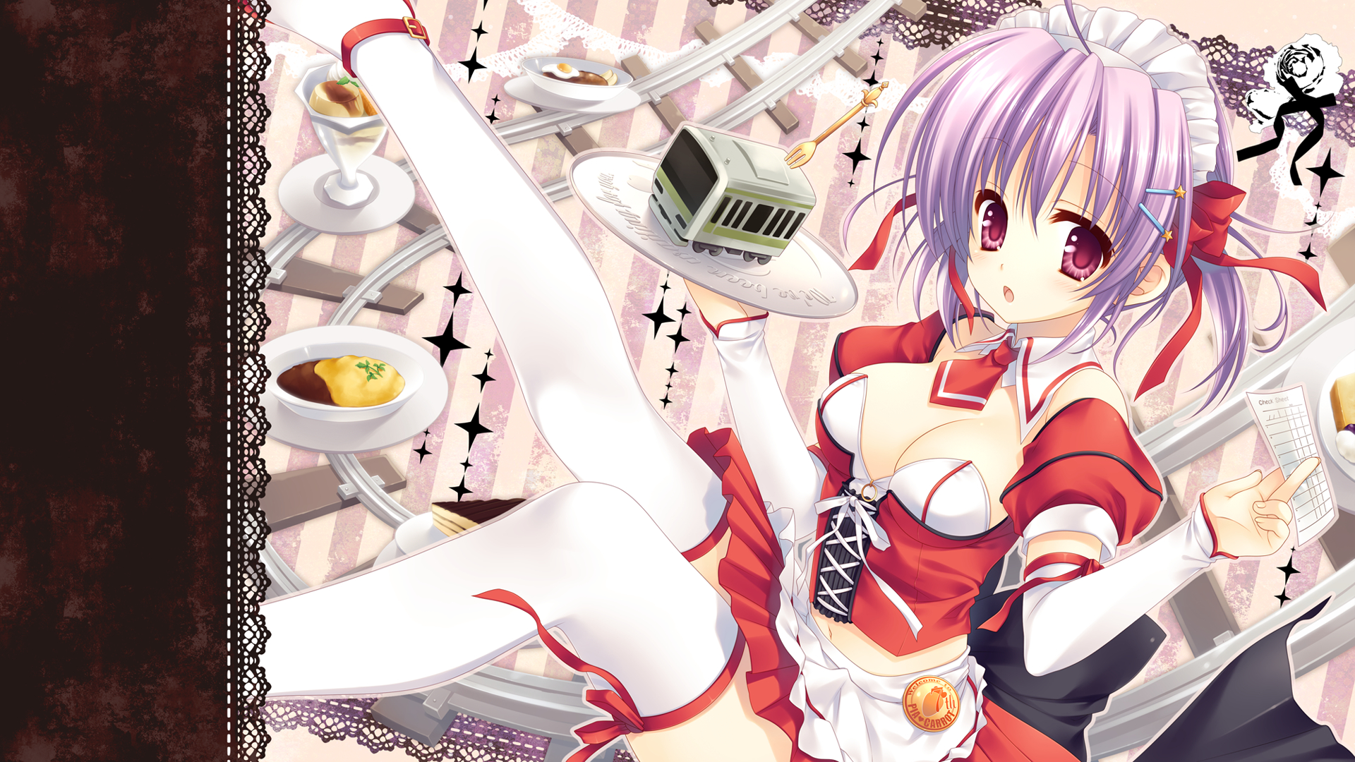 breasts, cleavage, pia_carrot, purple_hair, tatekawa_mako, thighhighs, waitress
