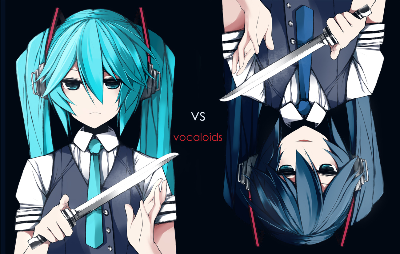 blue, hatsune_miku, headphones, knife, petrushka, tie, twintails, vocaloid, weapon