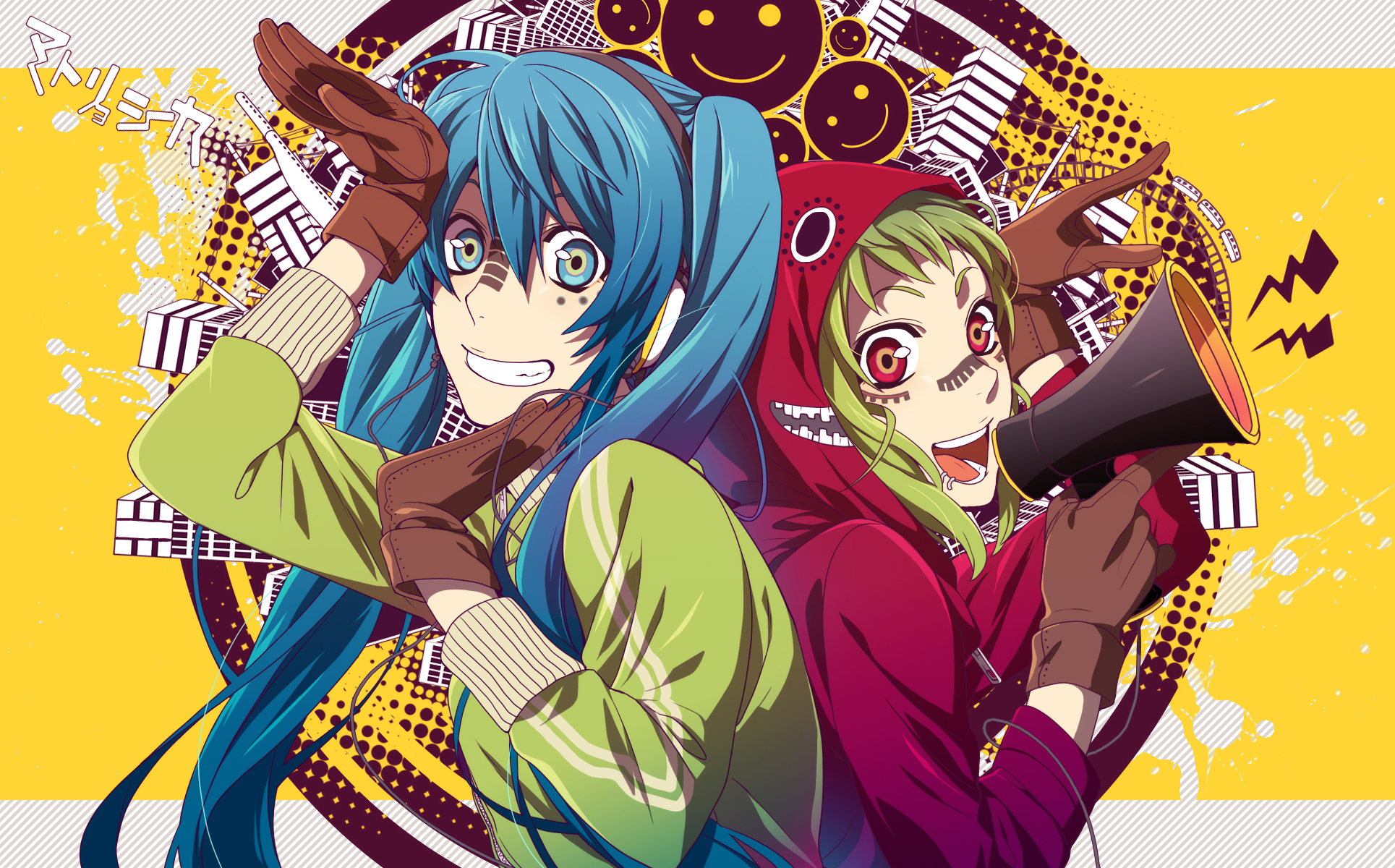 blue_hair, gumi, hatsune_miku, matryoshka_(vocaloid), sena, twintails, vocaloid, yellow