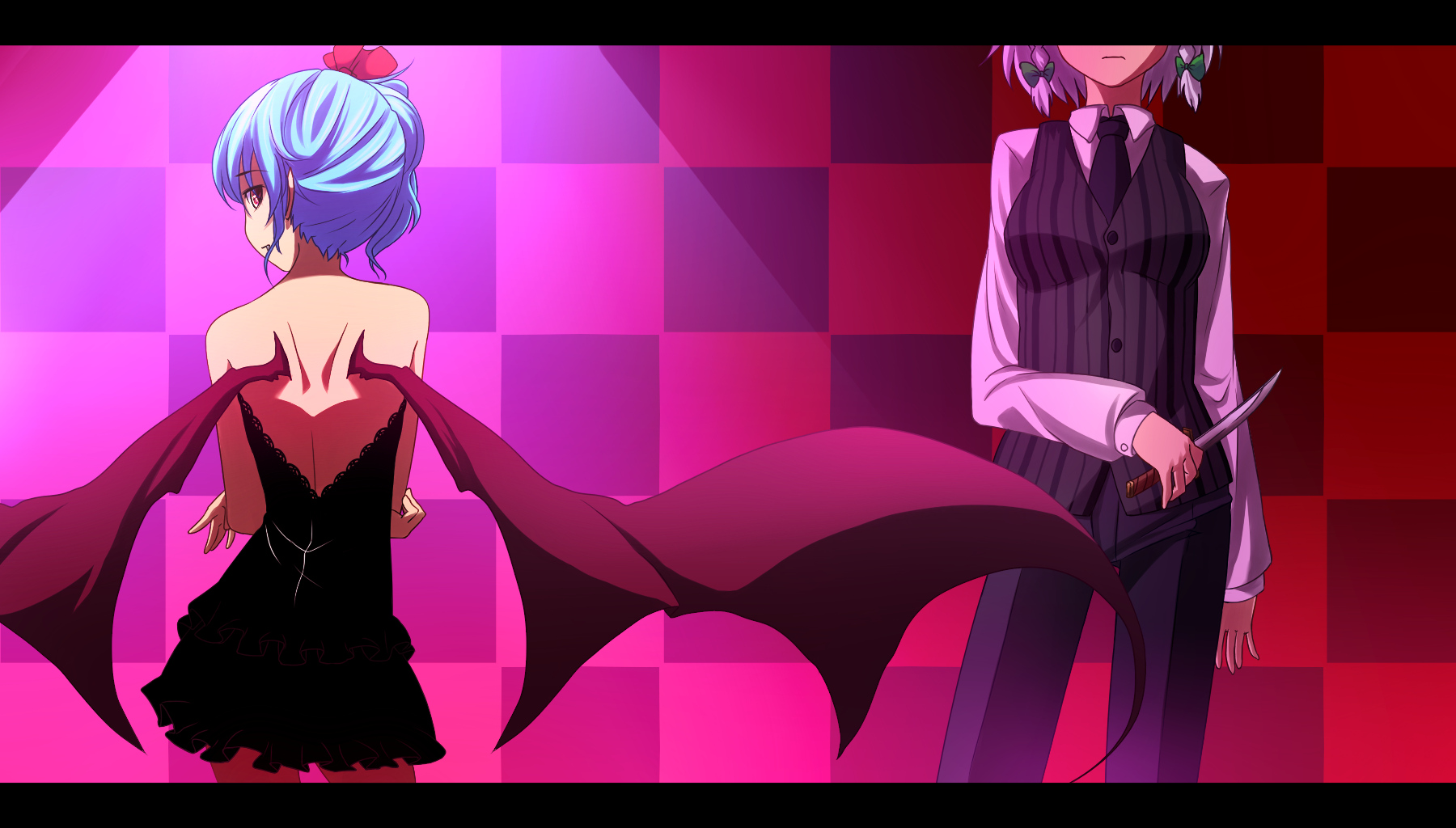 2girls, blue_hair, dress, gray_hair, izayoi_sakuya, knife, maid, omaehadareda-uso, red_eyes, remilia_scarlet, short_hair, suit, tie, touhou, vampire, weapon, wings