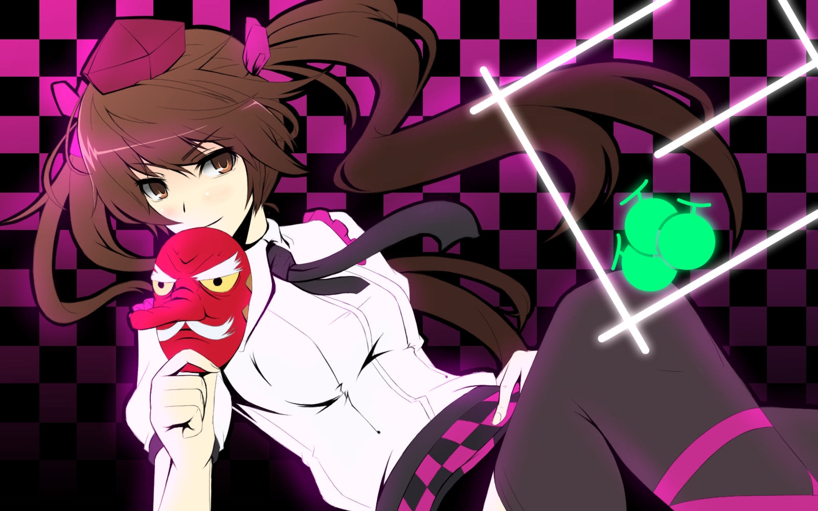 brown_eyes, brown_hair, gayprince, hat, himekaidou_hatate, long_hair, mask, thighhighs