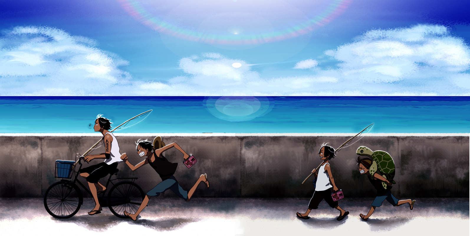biafura, bicycle, clouds, monkey_d_luffy, one_piece, portgas_d_ace, water