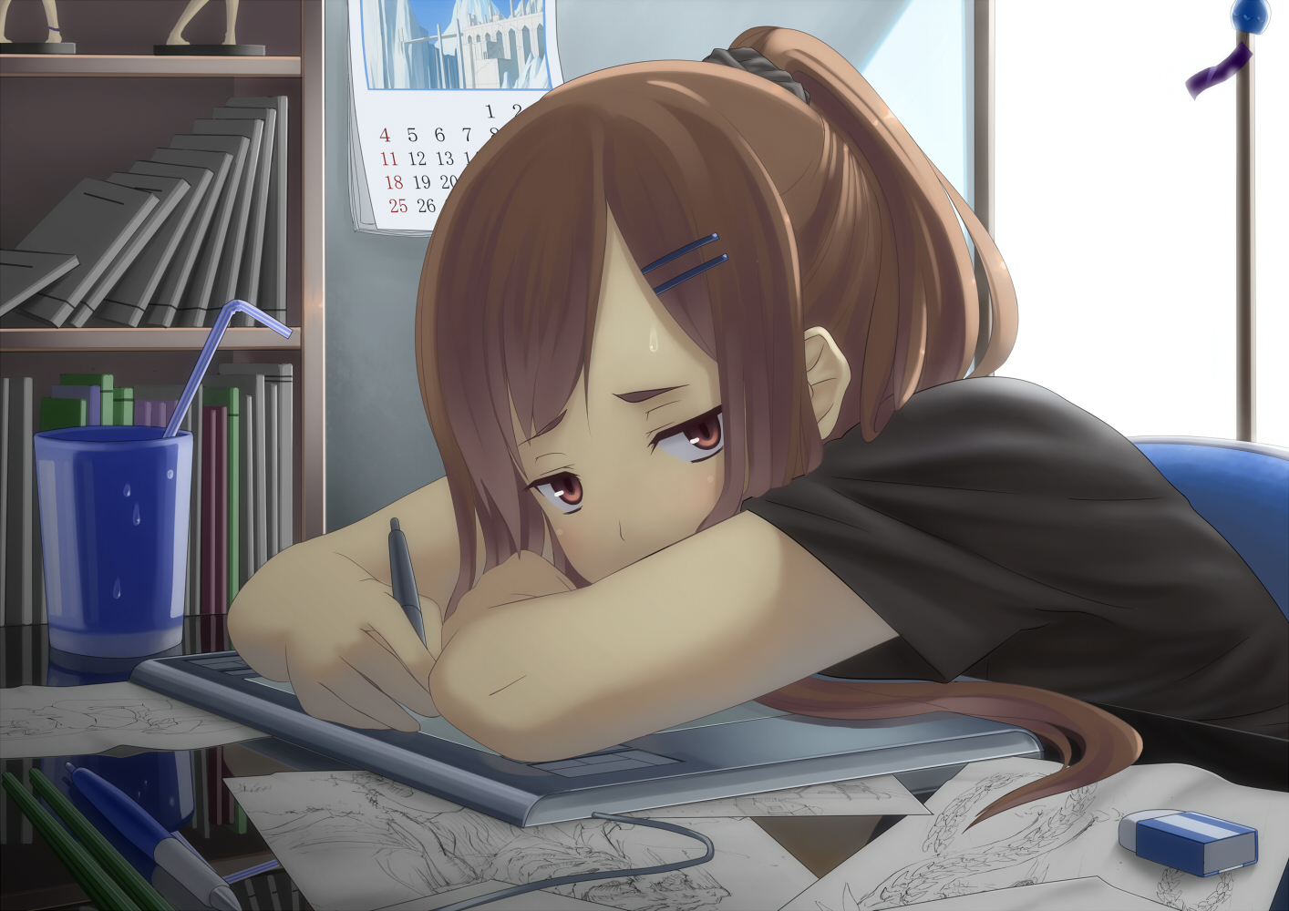 brown_eyes, brown_hair, drink, izumi_sai, original, ponytail