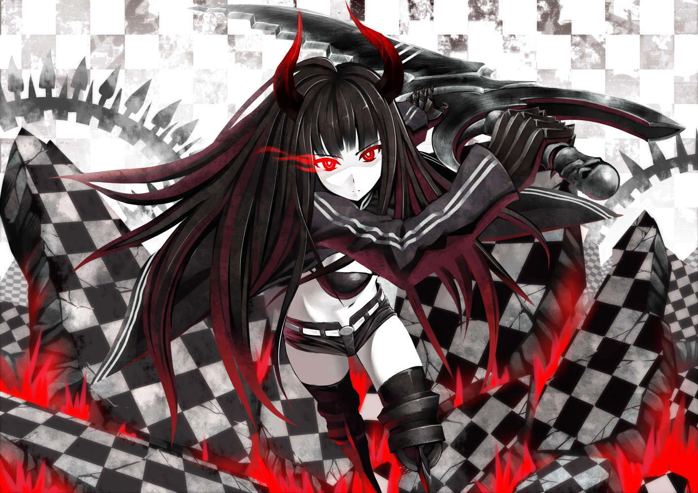 black_rock_shooter, horns, irino_saya, izumi_sai, red_eyes, sword, thighhighs, weapon