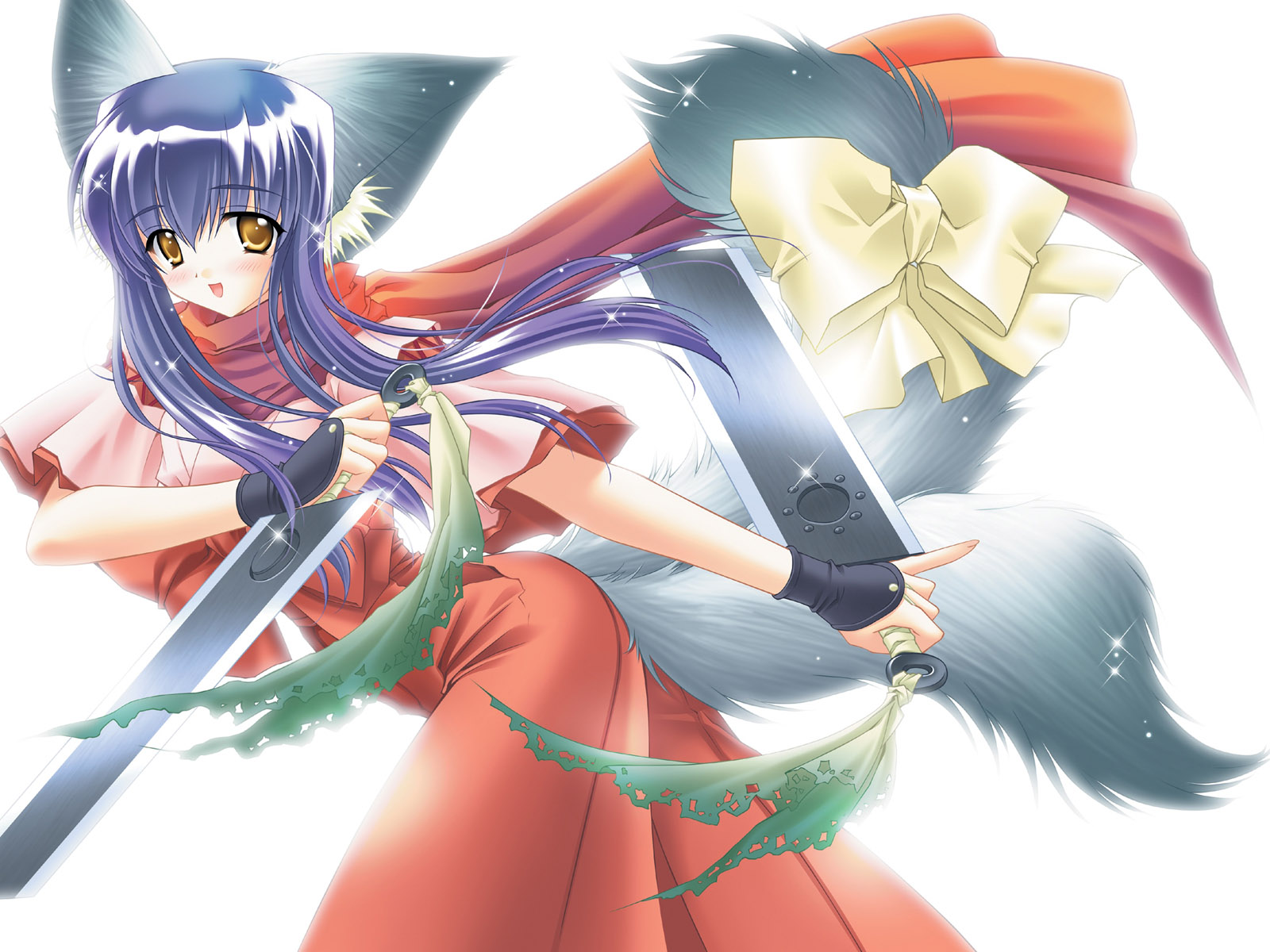 animal_ears, blue_hair, carnelian, foxgirl, japanese_clothes, jpeg_artifacts, koma_(tail_tale), long_hair, scarf, sword, tail, tail_tale, weapon, white, yellow_eyes