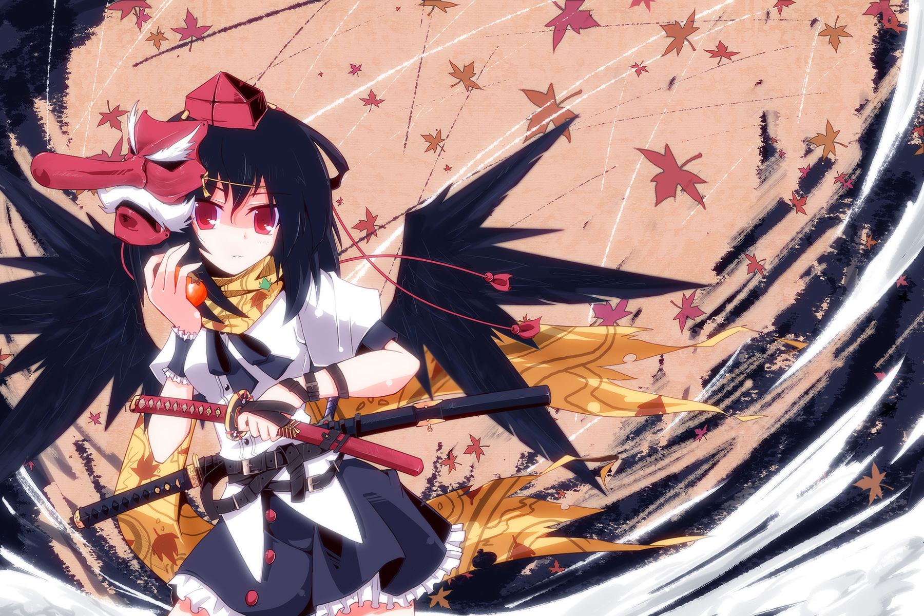 auer, black_hair, food, hat, katana, mask, red_eyes, shameimaru_aya