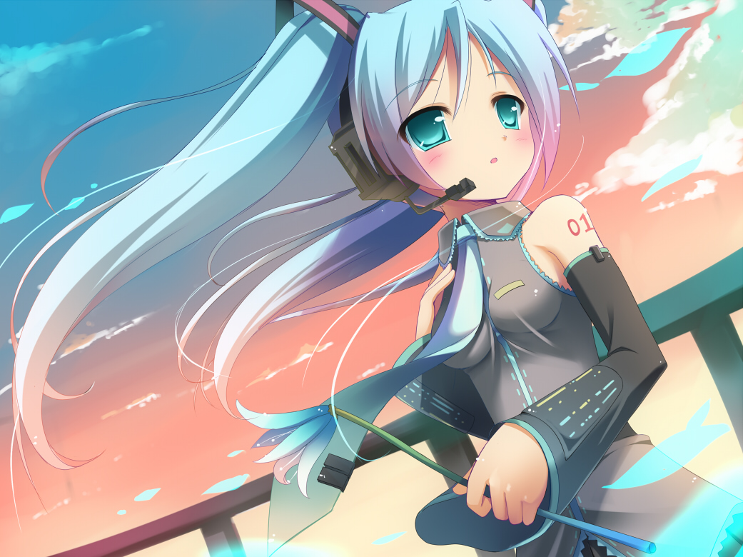 aqua_eyes, aqua_hair, hatsune_miku, headphones, masaki_(machisora), sky, twintails, vocaloid