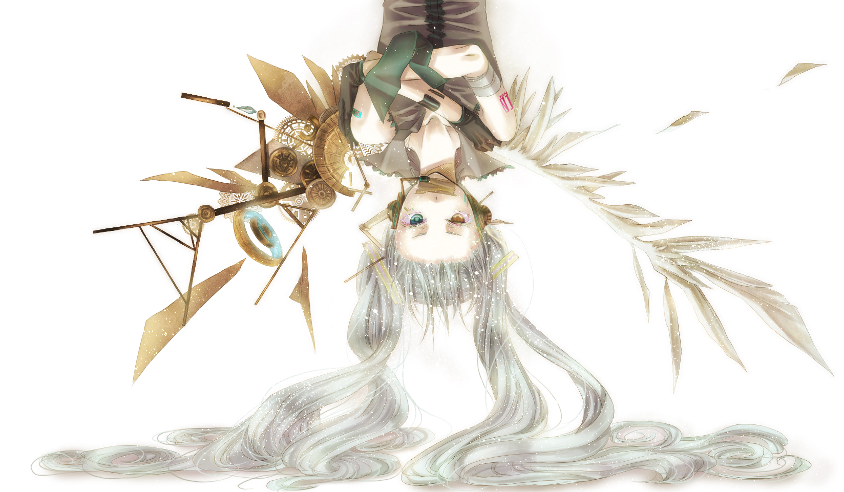 bicolored_eyes, hatsune_miku, headphones, long_hair, shino_(syllable), twintails, vocaloid, white, wings