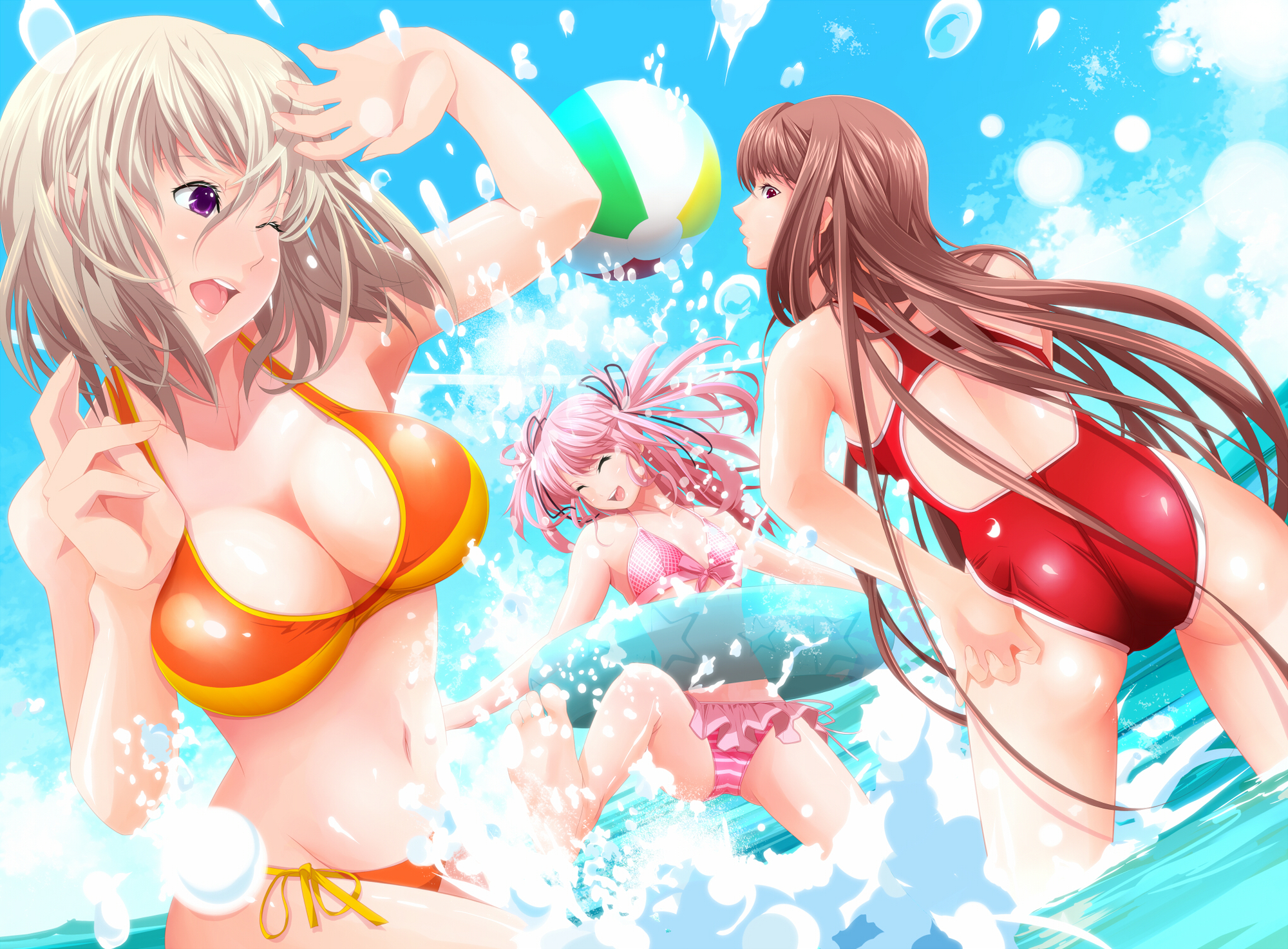 barefoot, bikini, breasts, cleavage, pink_hair, swimsuit, tagme, tsukumo
