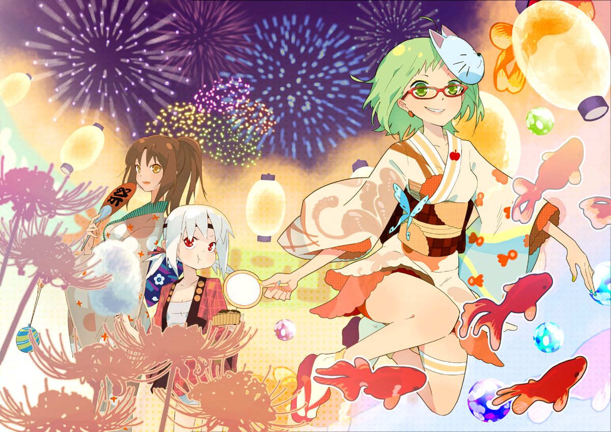 fireworks, glasses, green_eyes, green_hair, gumi, japanese_clothes, red_eyes, ukke