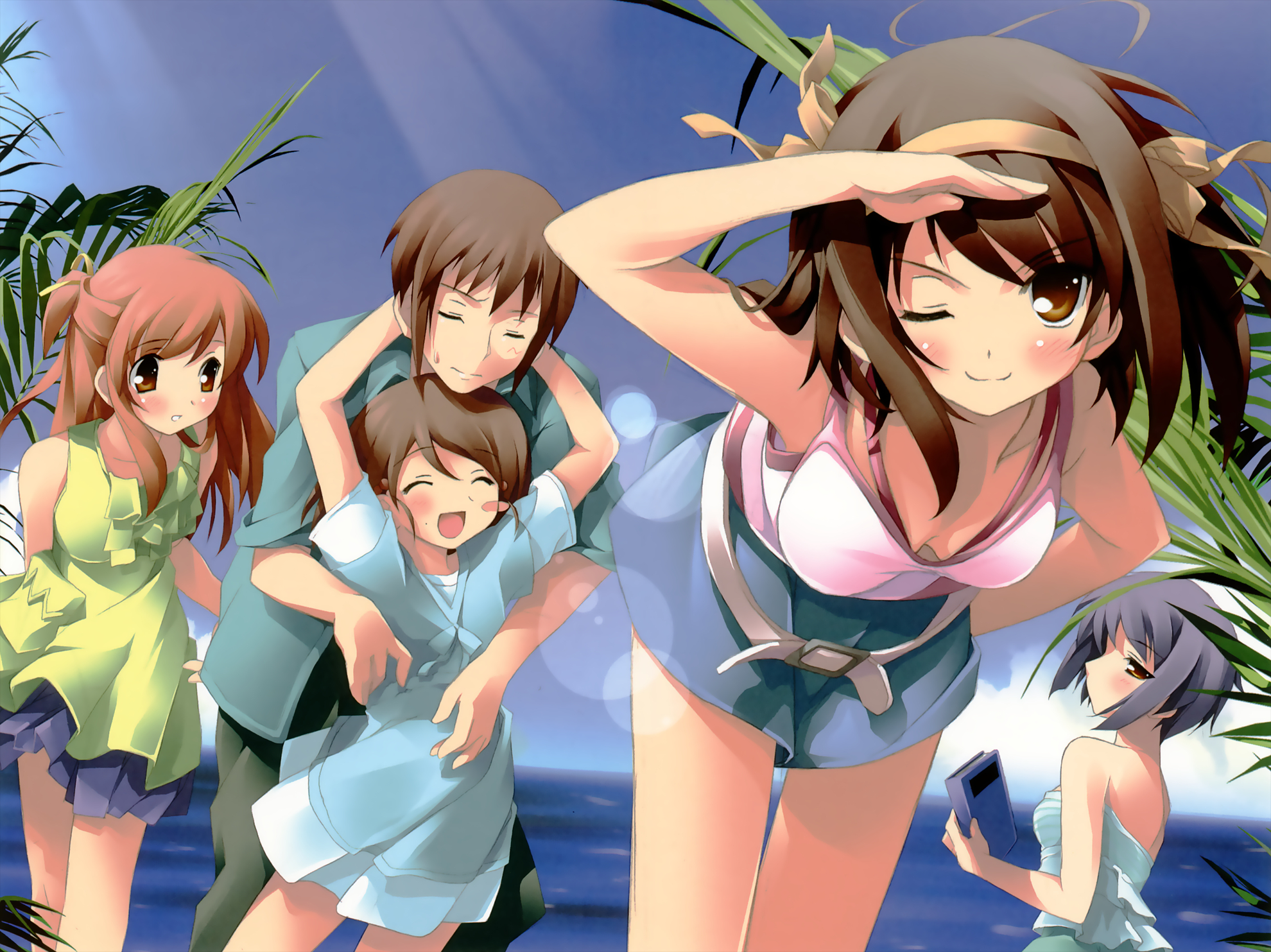 asahina_mikuru, blush, group, kantoku, kyon, kyon_no_imouto, loli, male, nagato_yuki, scan, suzumiya_haruhi, suzumiya_haruhi_no_yuutsu, wink