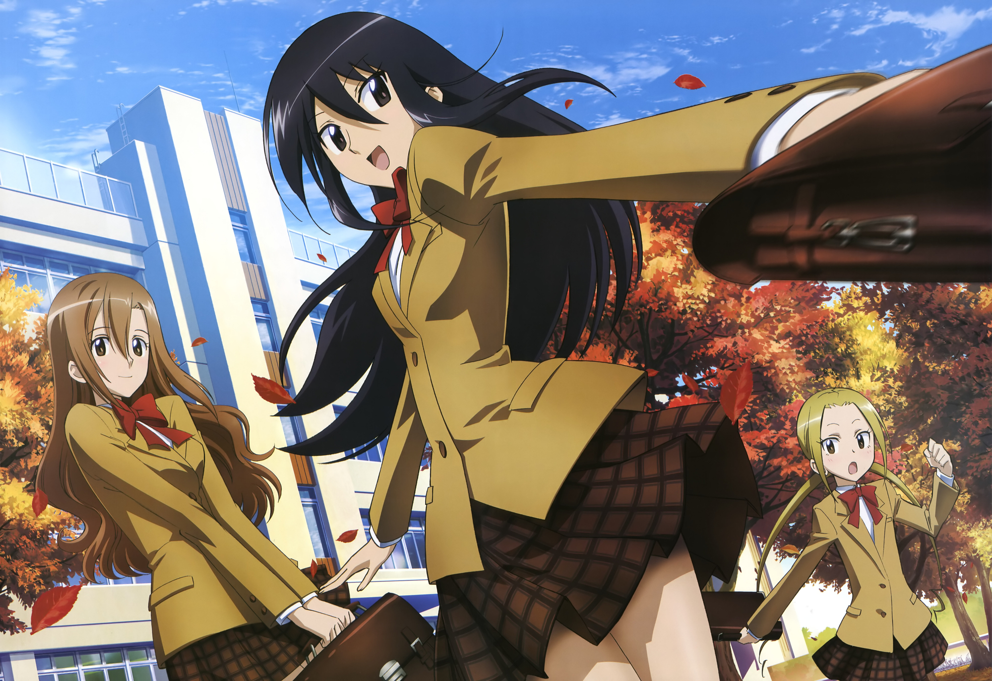 amakusa_shino, autumn, black_eyes, black_hair, blonde_hair, brown_eyes, brown_hair, hagimura_suzu, long_hair, nyantype, scan, school_uniform, seitokai_yakuindomo, shichijou_aria, twintails