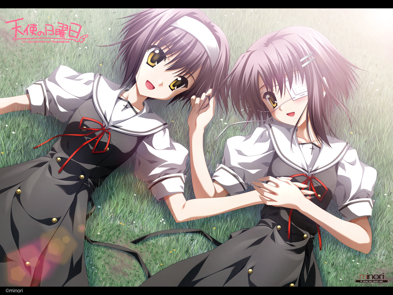 ef, ef_a_fairy_tale_of_the_two, eyepatch, purple_hair, shindou_chihiro, shindou_kei, twins, yellow_eyes