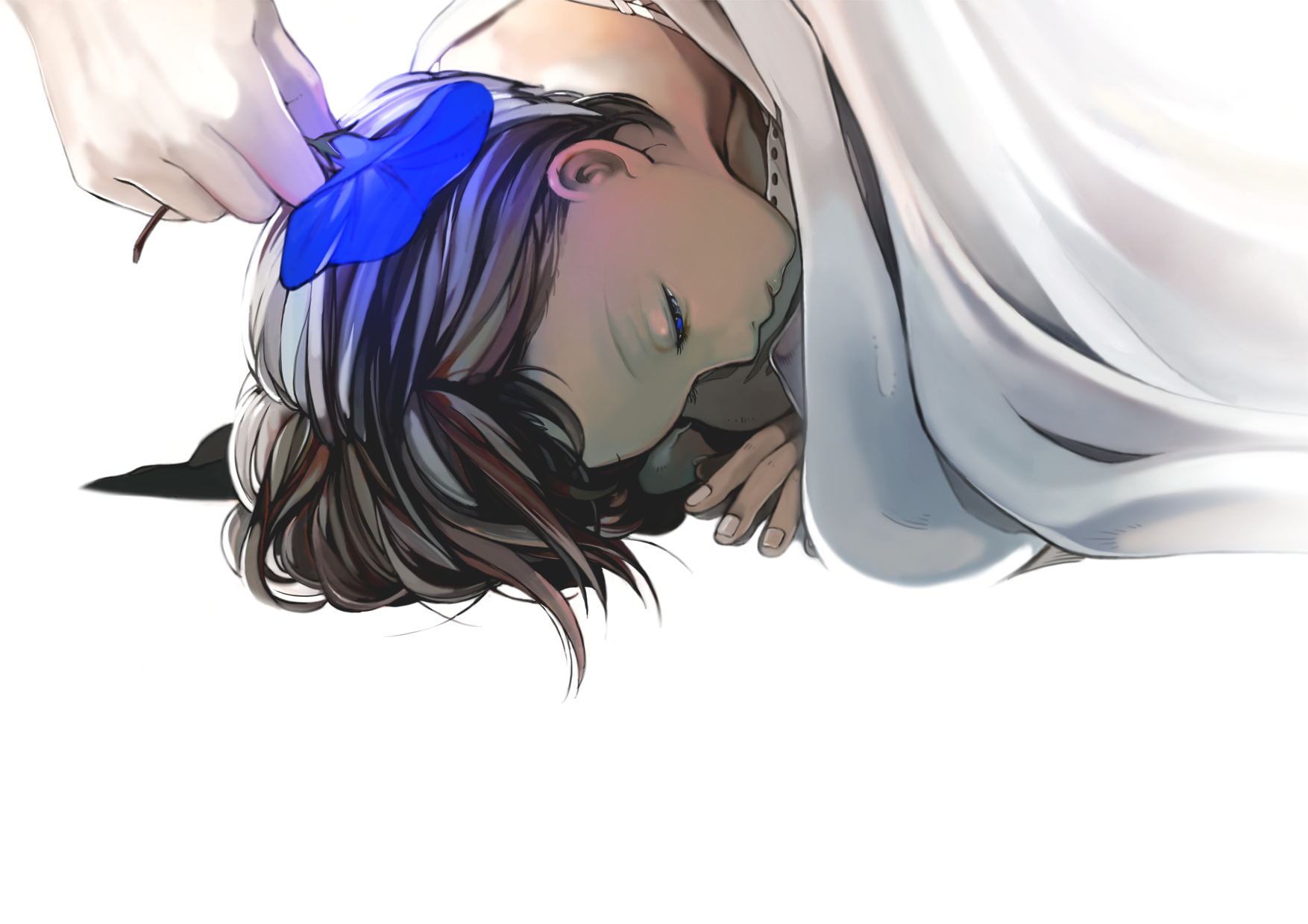 blue, blue_eyes, brown_hair, flowers, nadashima_gy, original, white