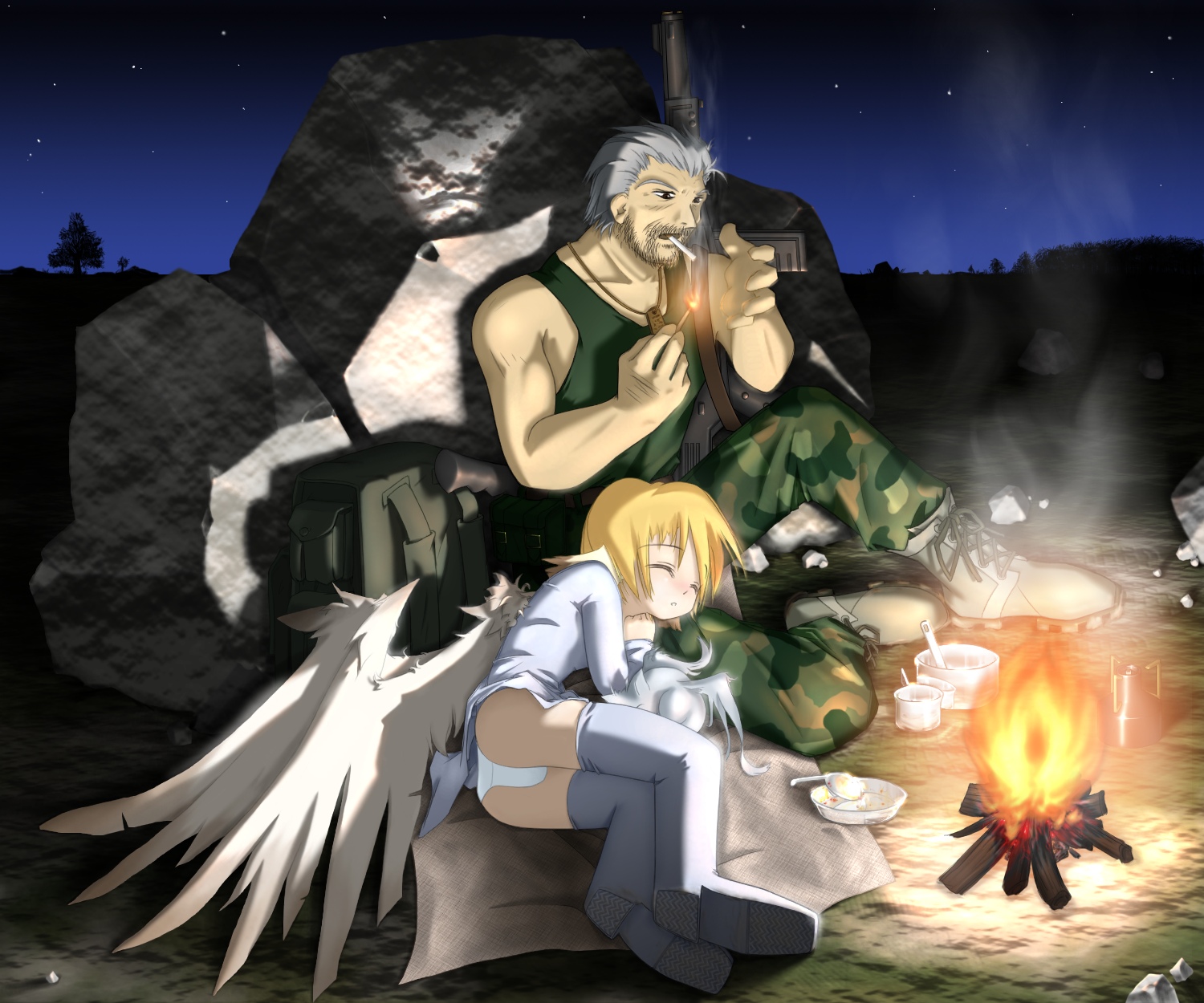 angel, blonde_hair, boots, brown_eyes, cigarette, fire, food, getty