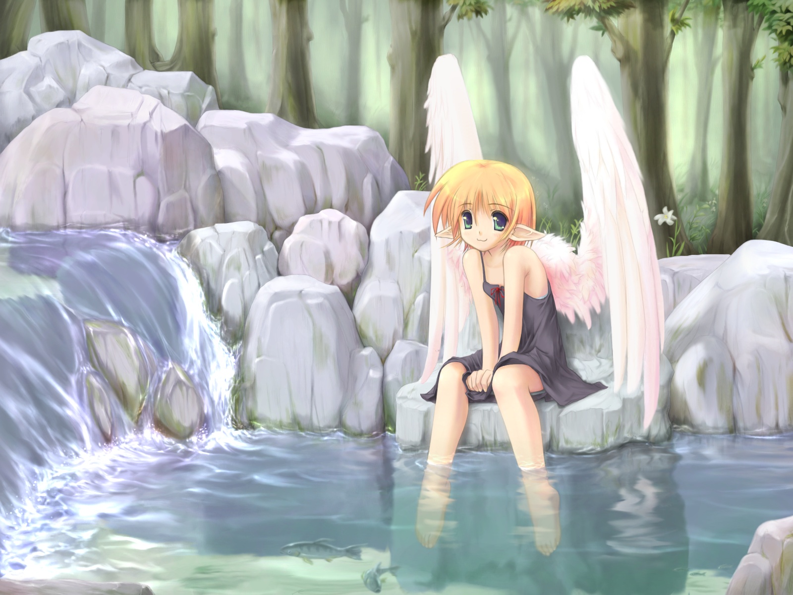 animal, barefoot, blonde_hair, dress, fairy, fish, flowers, forest, getty, green_eyes, loli, original, pointed_ears, short_hair, tree, water, waterfall, wings