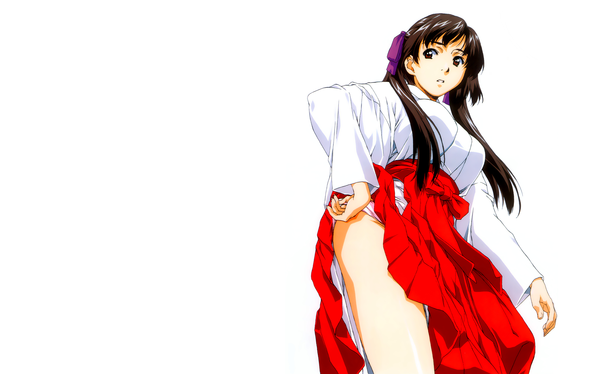 brown_eyes, brown_hair, horibe_hiderou, japanese_clothes, miko, panties, skirt, skirt_lift