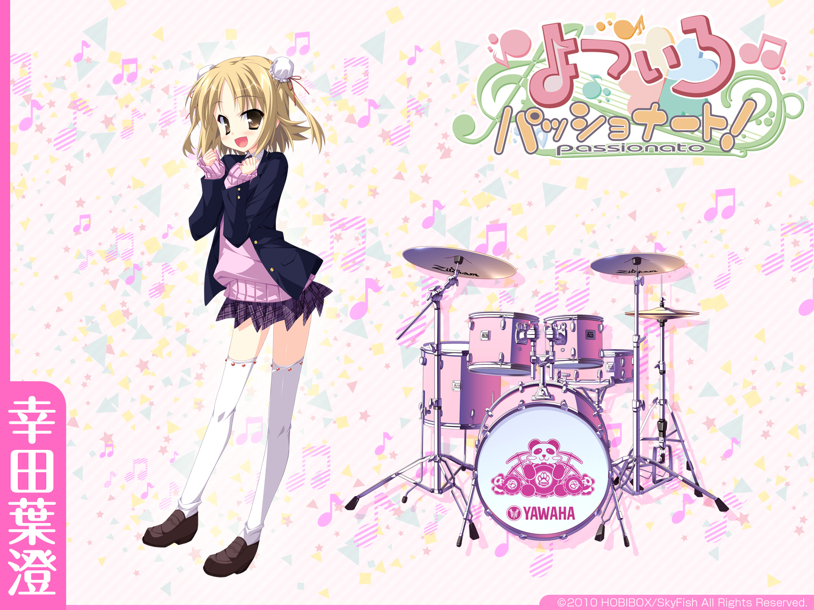 blonde_hair, drums, hinata_mutsuki, instrument, kouda_hazumi, school_uniform, skyfish, thighhighs