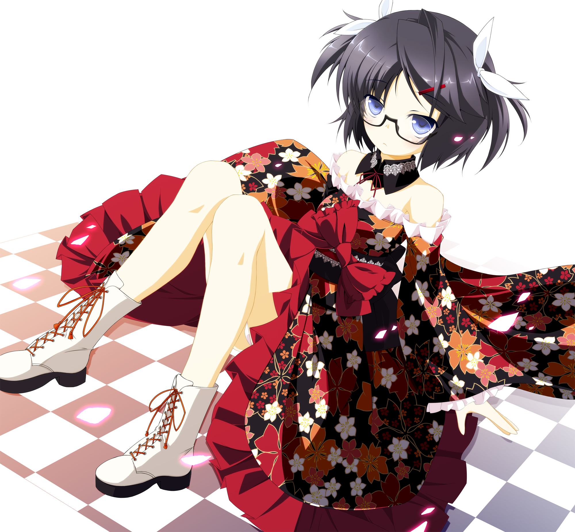 blue_eyes, boots, dress, glasses, japanese_clothes, kamisaki_sora, lolita_fashion, panties, underwear, vector