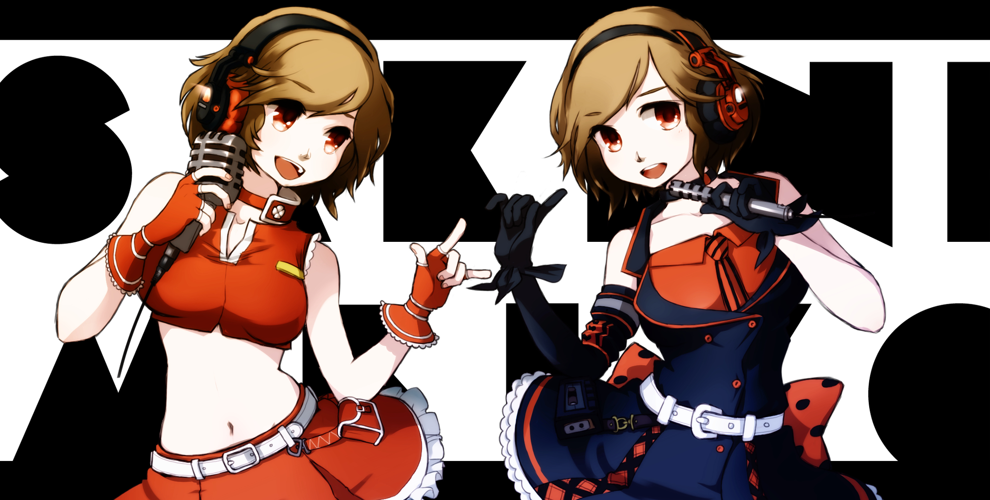 2girls, anko_anko, brown_hair, dress, headphones, meiko, microphone, sakine_meiko