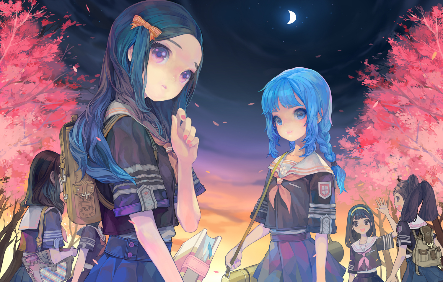 blue_eyes, blue_hair, moon, petals, school_uniform, serenade