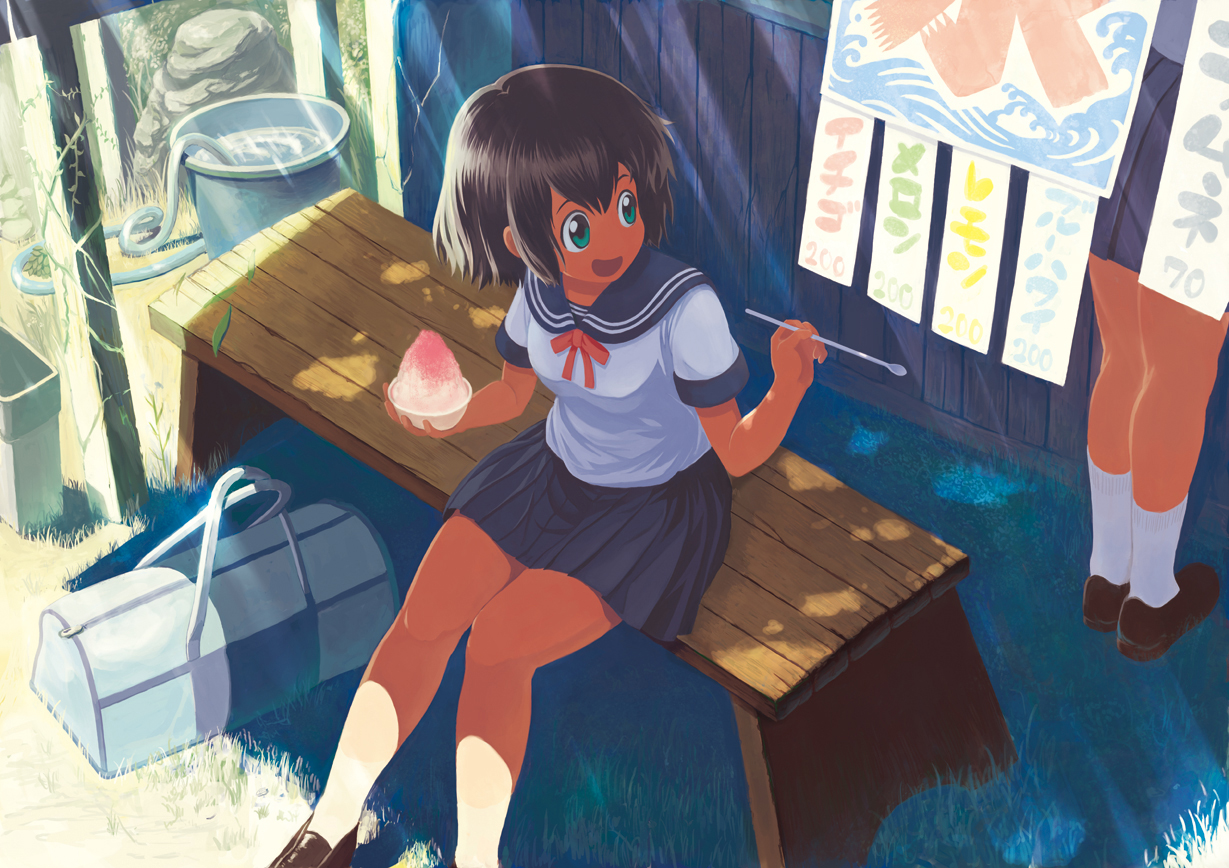 brown_hair, food, green_eyes, kanitan, school_uniform