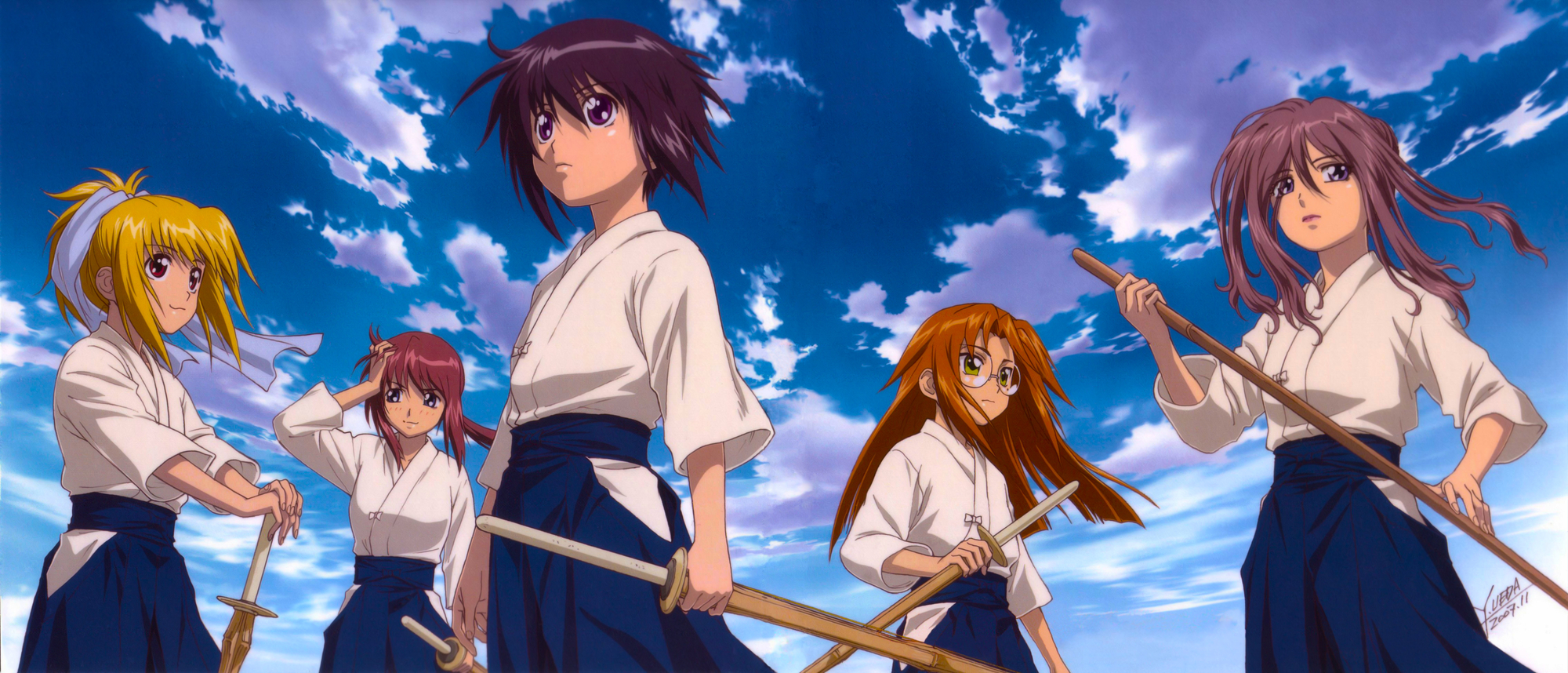 azuma_satori, bamboo_blade, chiba_kirino, clouds, kawazoe_tamaki, kuwahara_sayako, miyazaki_miyako, ueda_youichi